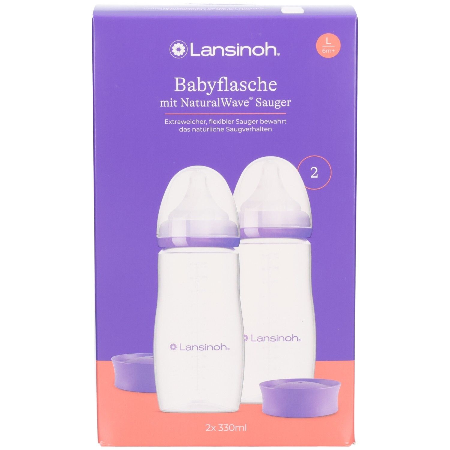 Set de biberons Lansinoh NaturalWave. Deux biberons de 330ml dans un emballage violet.