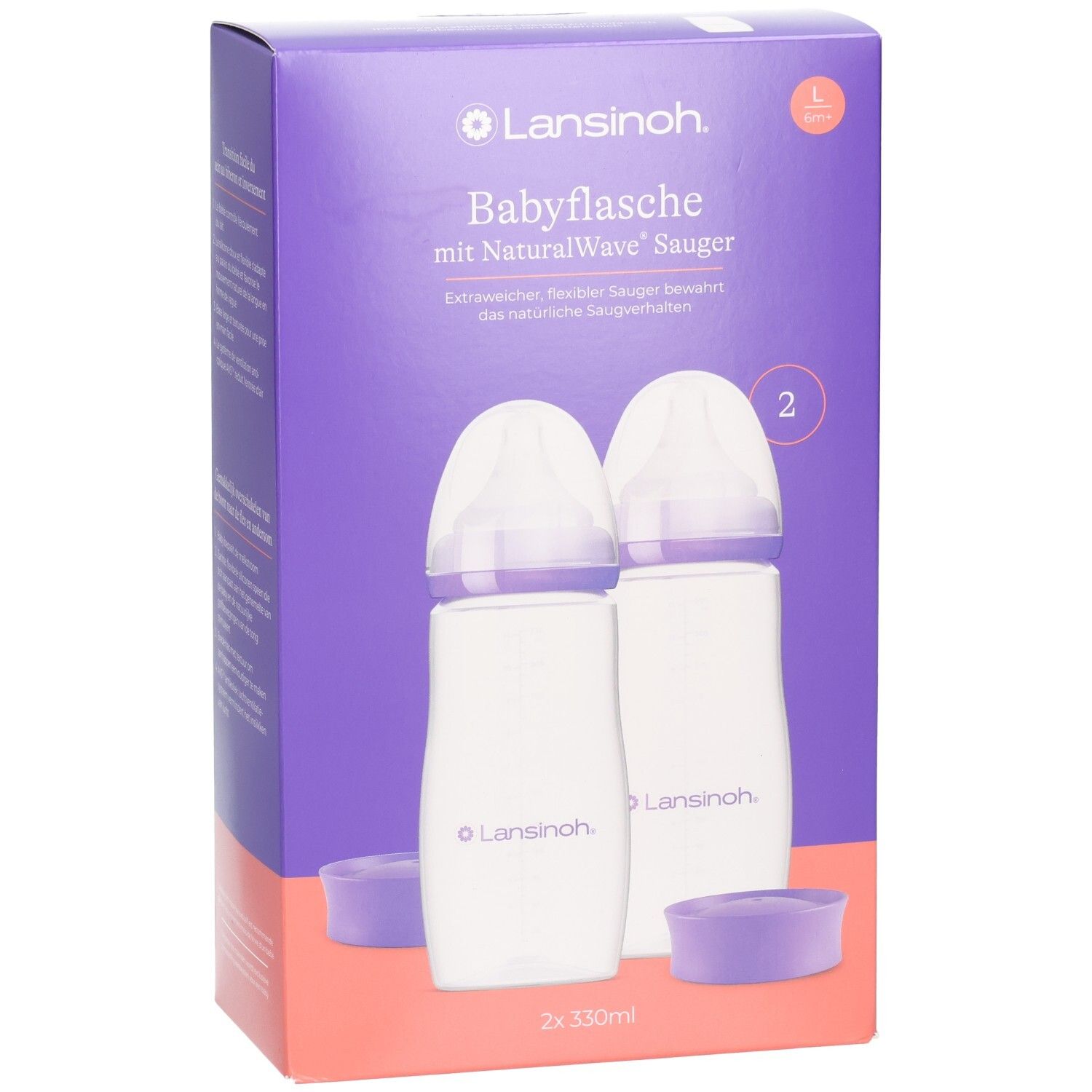 Set de biberons Lansinoh NaturalWave. Deux biberons de 330ml dans un emballage violet.