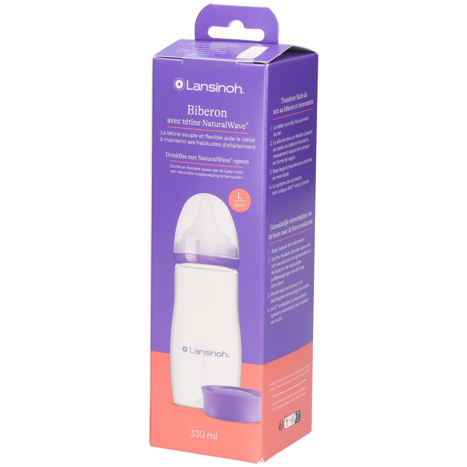 Biberon Lansinoh NaturalWave, 330 ml, violet/blanc. Boîte avec illustration du produit et informations.
