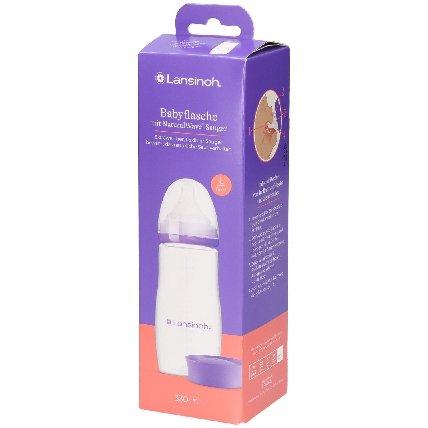 Biberon Lansinoh NaturalWave, 330 ml, violet/blanc. Face avant de l'emballage avec illustration du produit.