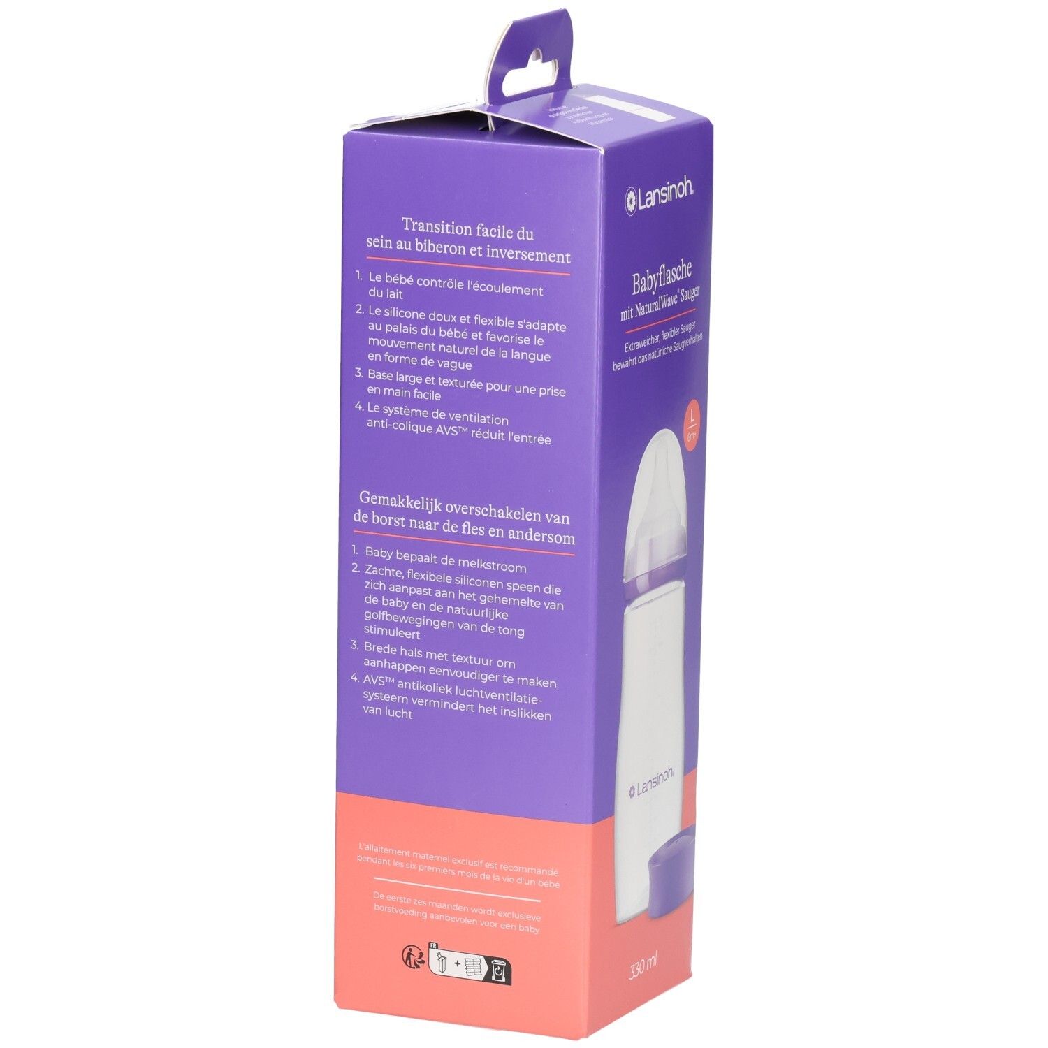 Biberon Lansinoh NaturalWave, 330 ml. Emballage avec informations en allemand et en néerlandais.