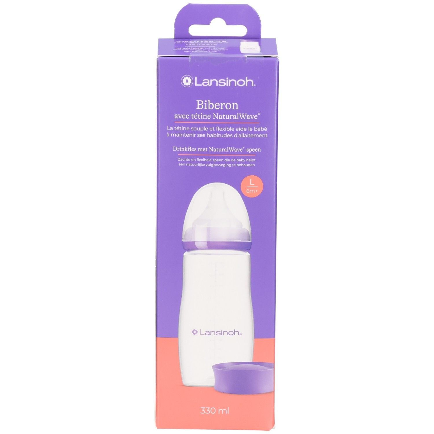 Biberon Lansinoh NaturalWave, 330 ml, violet/blanc. Face avant de l'emballage avec illustration du produit.
