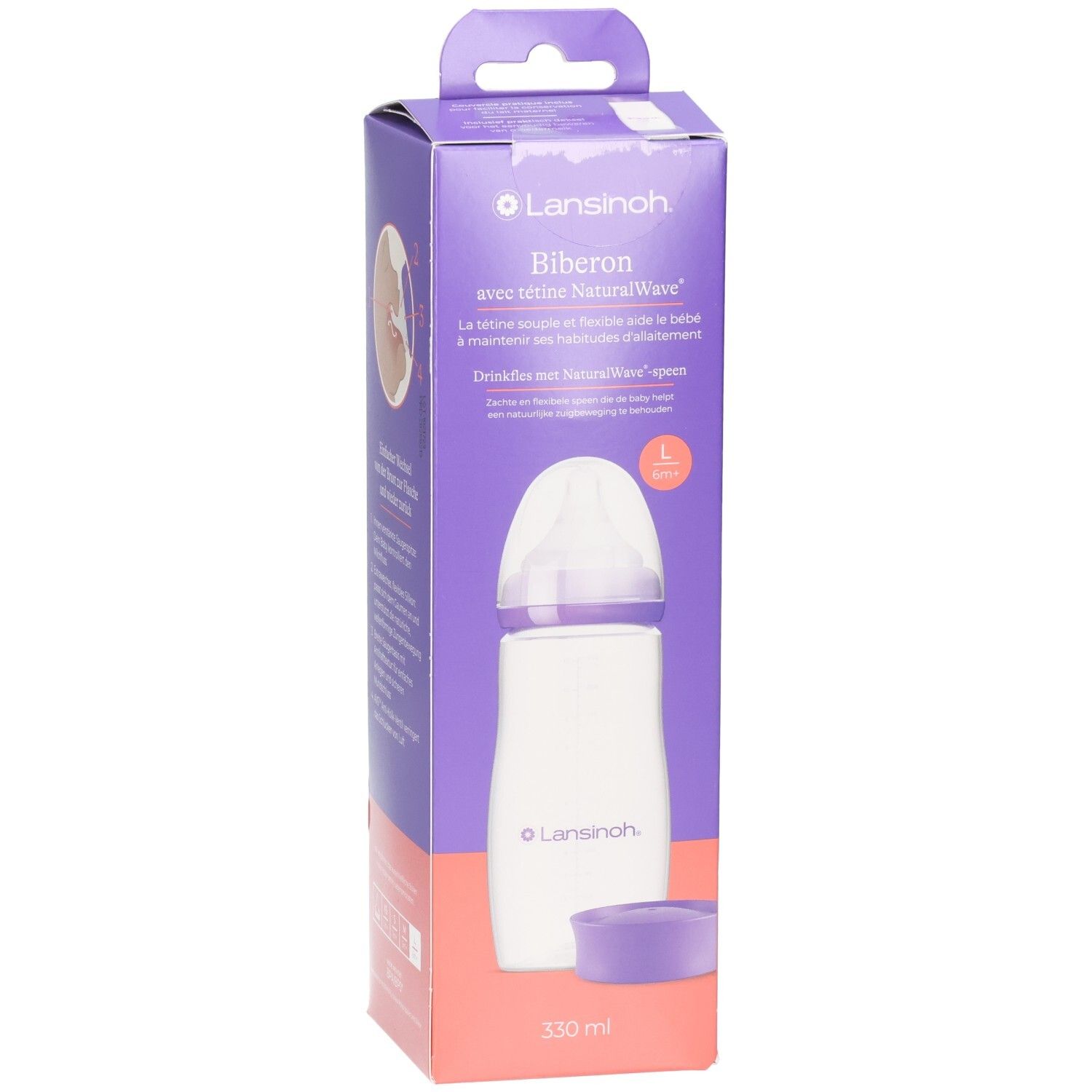 Biberon Lansinoh NaturalWave, 330 ml, violet/blanc. Emballage avec illustration du produit et détails.
