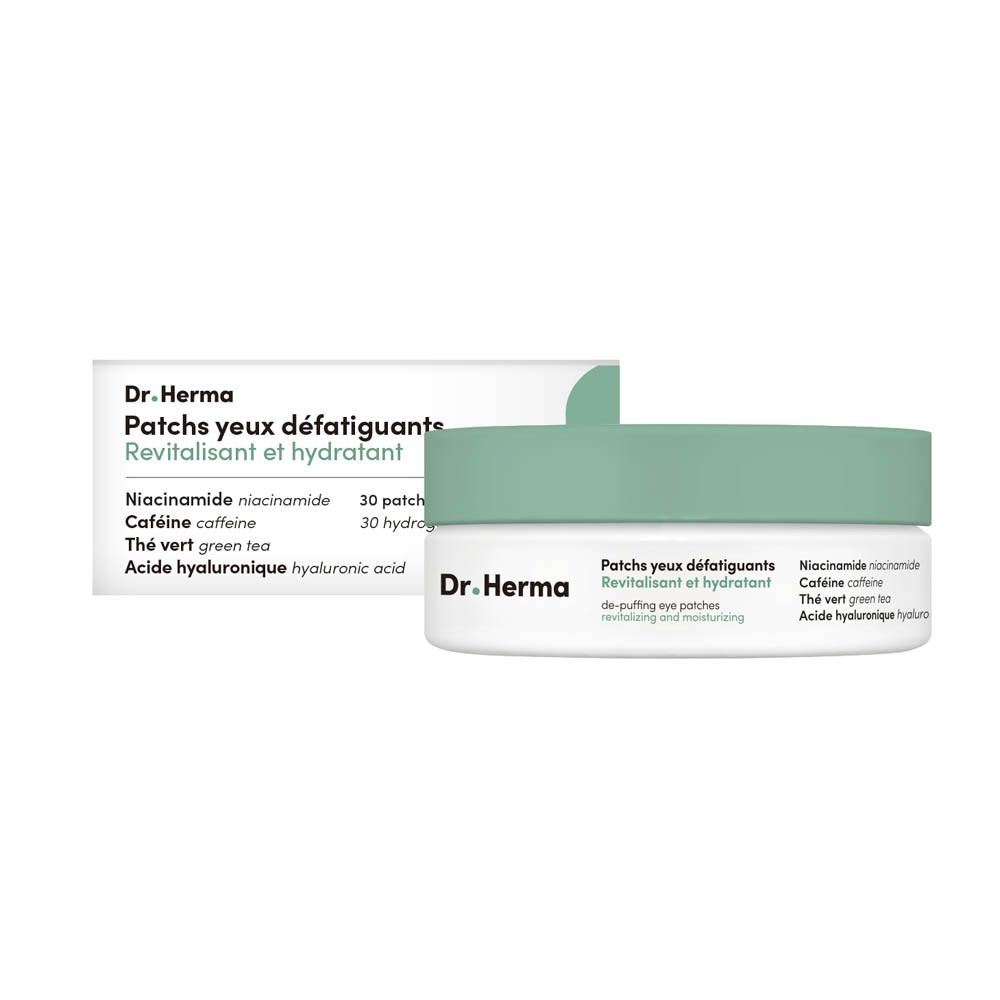 Dr. Herma patches pour les yeux : boîte avec couvercle vert menthe. Texte en français : 'Patches yeux défatiguants'.
