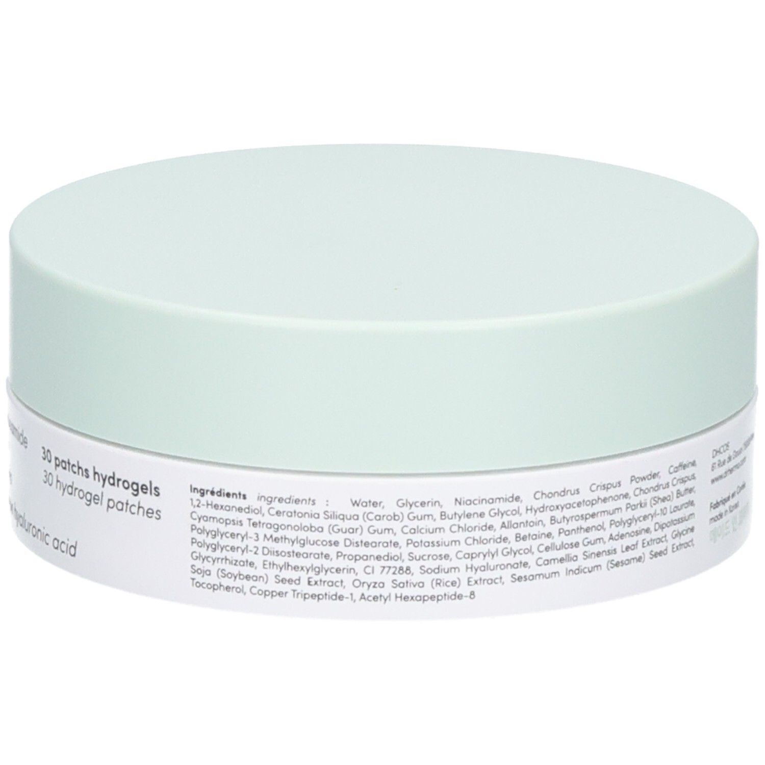 Patchs Dr. Herma pour les yeux : boîte avec liste des ingrédients, 30 patchs hydrogels.