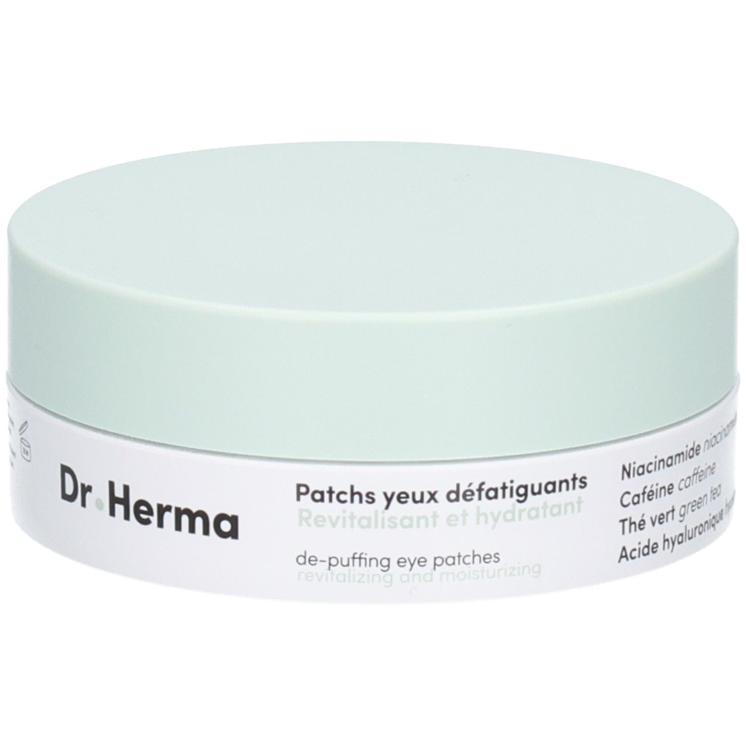 Patchs Dr. Herma pour les yeux : boîte avec texte 'Patches yeux défatiguants', Niacinamide, Caféine, Thé vert.
