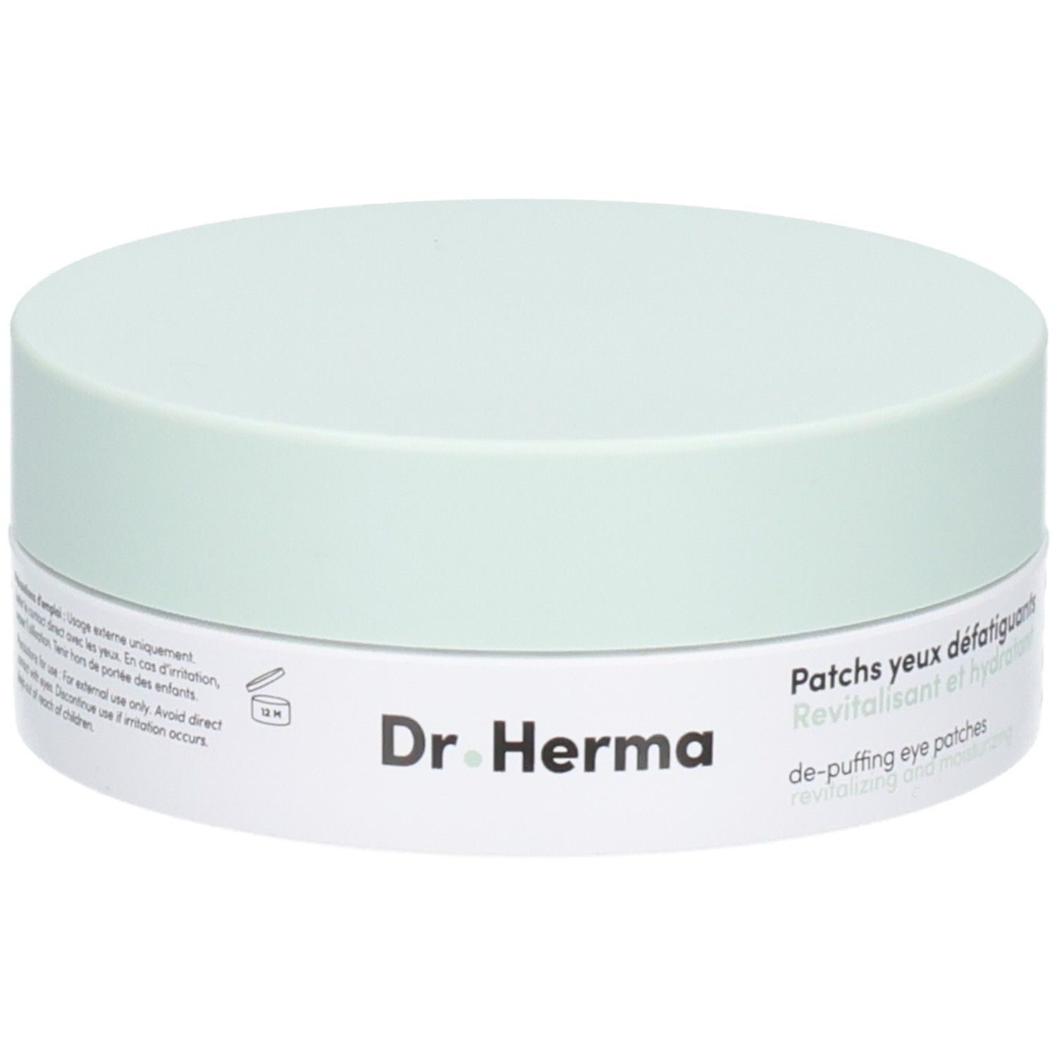 Patchs Dr. Herma pour les yeux : boîte et emballage carton côte à côte. Carton avec silhouette d'œil.