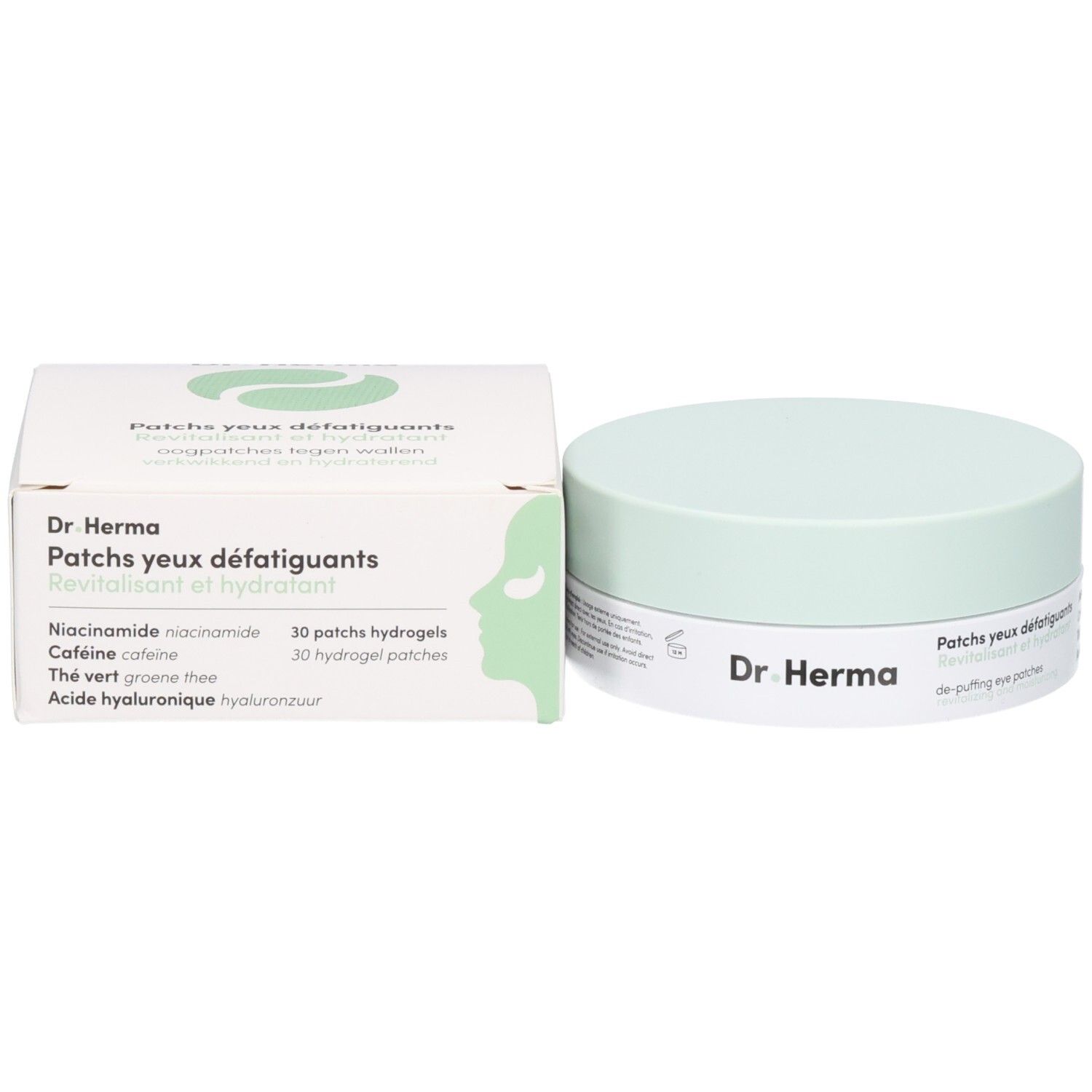 Emballage carton pour patchs Dr. Herma, montre une silhouette d'œil et les informations produit.