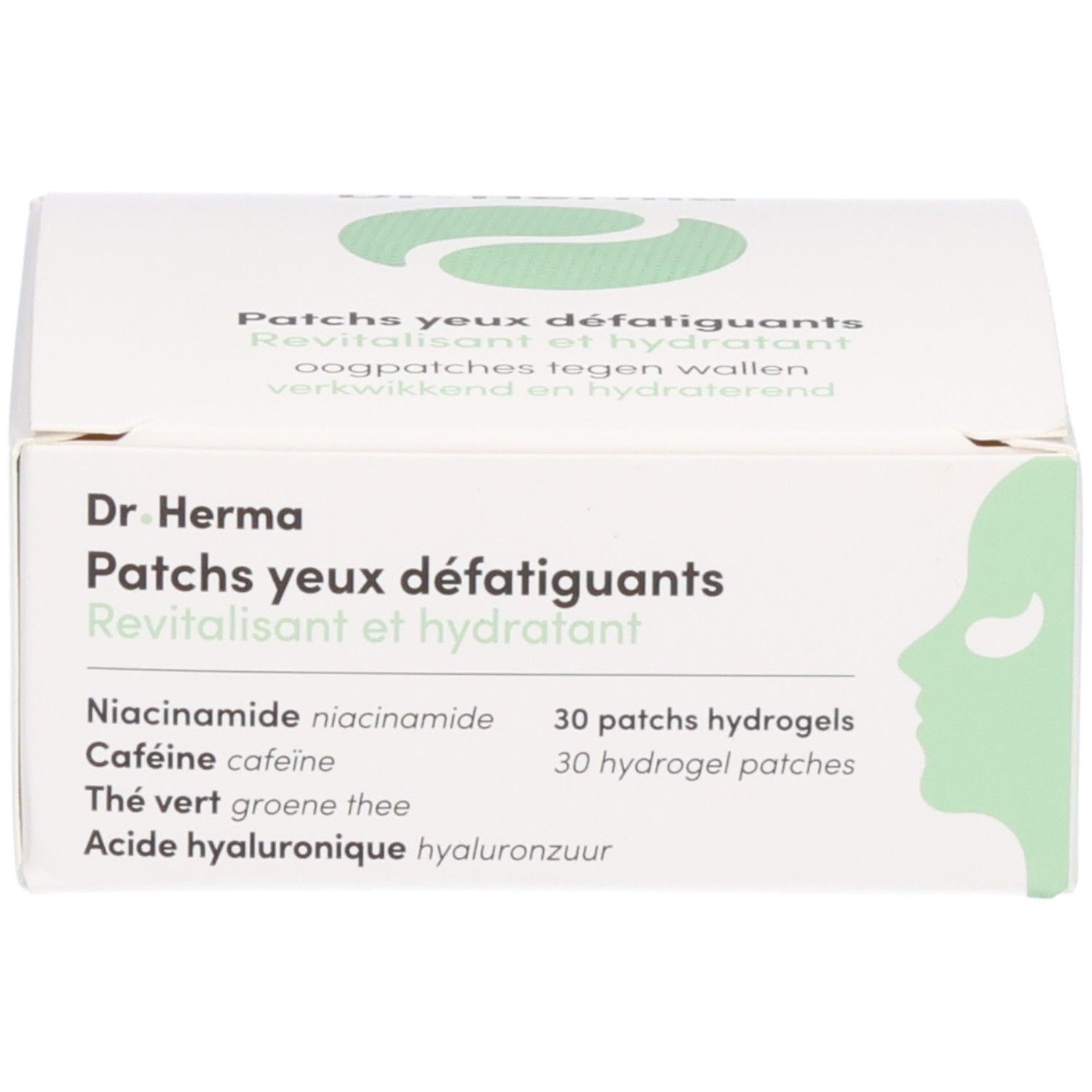 Patchs Dr. Herma pour les yeux : boîte et emballage carton. Carton avec Niacinamide, Caféine, Thé vert, Acide hyaluronique.