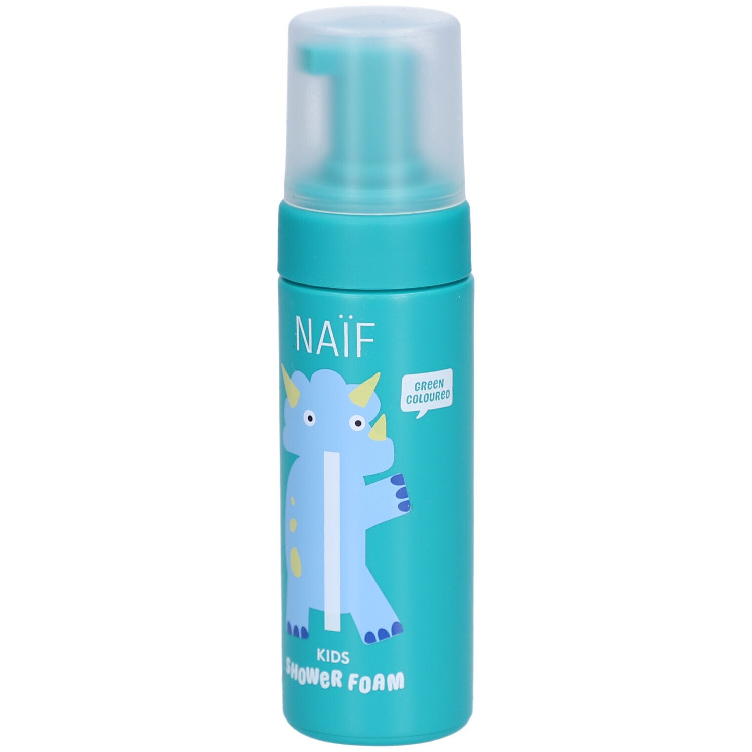 Flacon turquoise avec pompe. Inscription : NAÏF, KIDS SHOWER FOAM. Illustration d'un dinosaure bleu. Bulle.