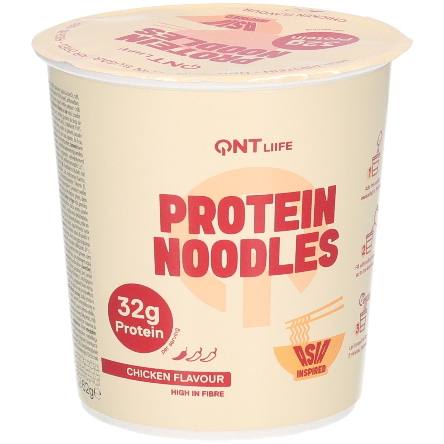 Pot de nouilles protéinées QNT LIFE, saveur poulet, 32g de protéines par portion.