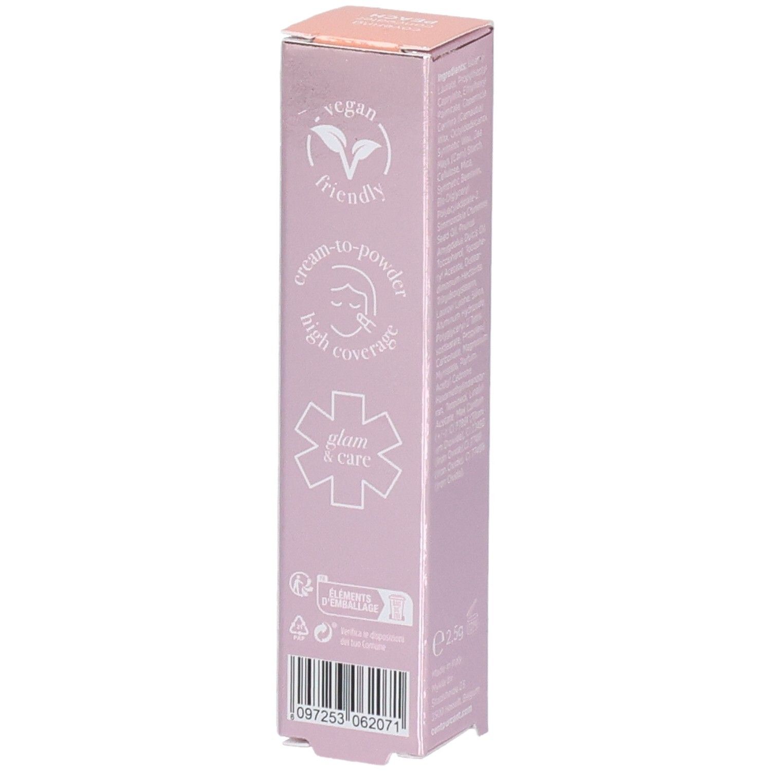 Côté de l'emballage du stick correcteur Cent Pur Cent avec logos : vegan, cream-to-powder, haute couvrance.