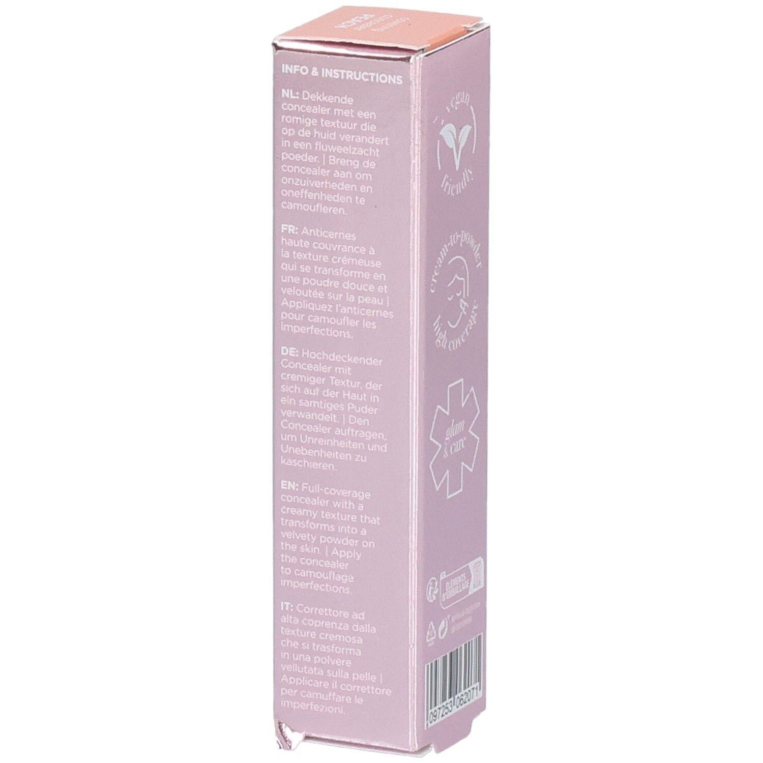 Côté de l'emballage du stick correcteur Cent Pur Cent avec instructions d'utilisation multilingues.