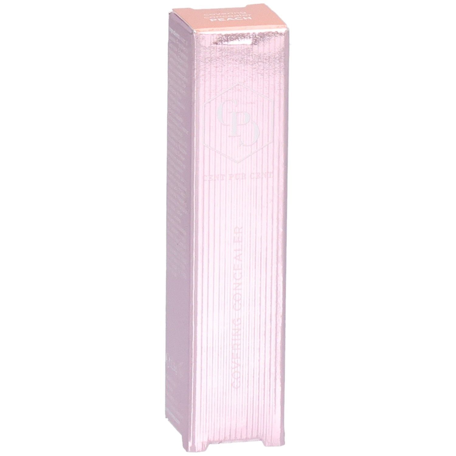 Emballage du stick correcteur couvrant Cent Pur Cent, couleur rose, avec lignes verticales.