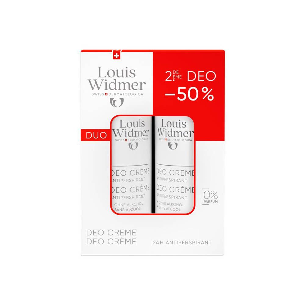 Boîte Duo de Deo Crème. Carton blanc, dessus rouge. Logo et nom du produit. Antiperspirant 24h.