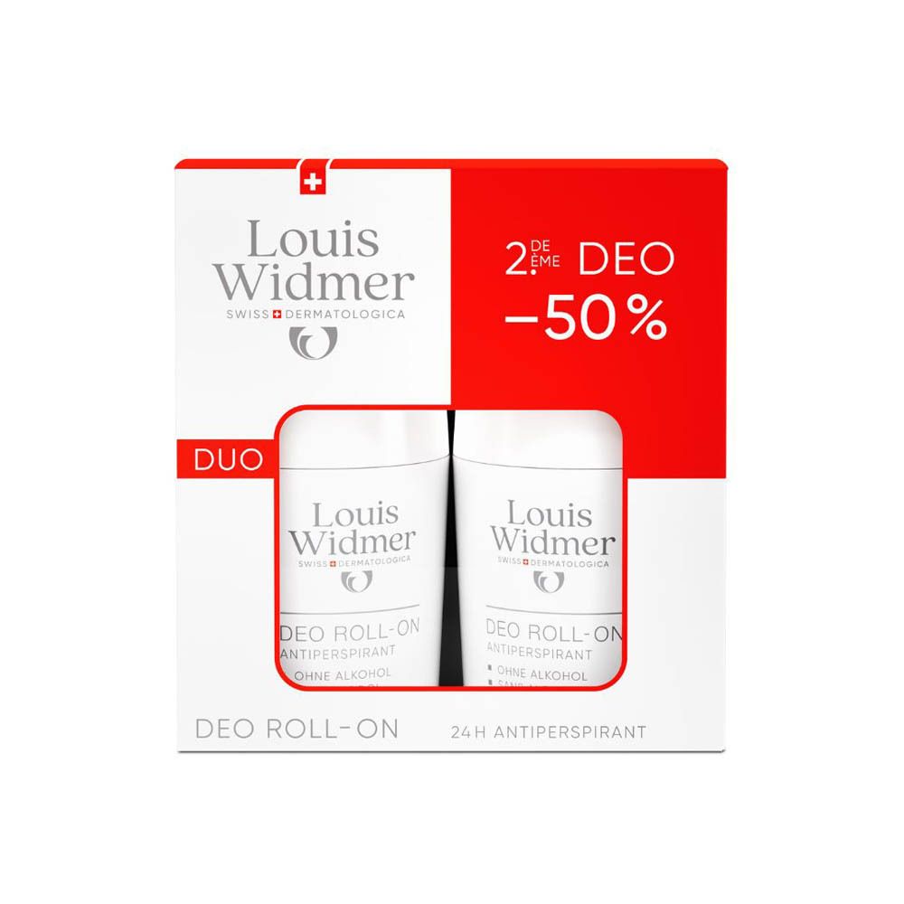 Pack Louis Widmer Deo Roll-On Antiperspirant avec ingrédients et logos.