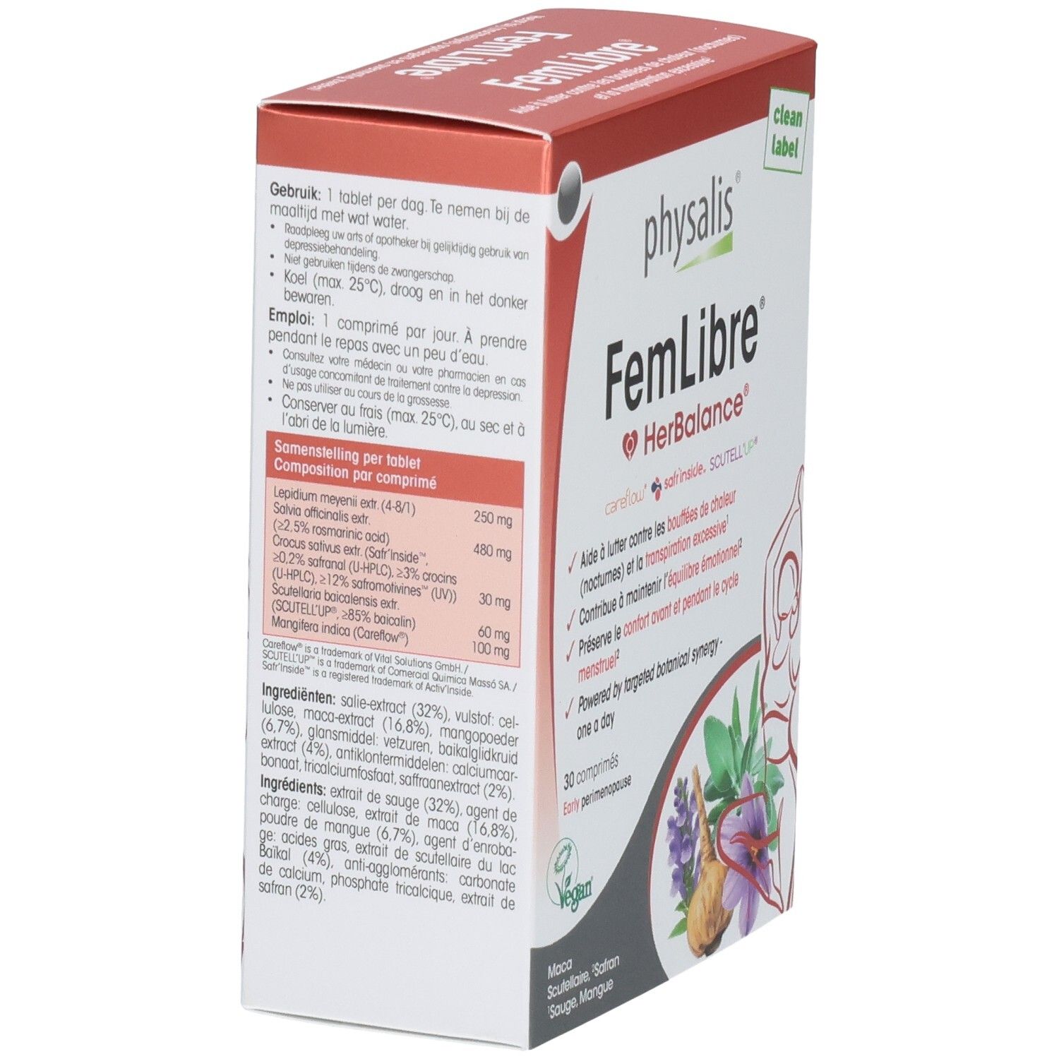 Boîte Physalis FemLibre, vue latérale. Texte: 1 comprimé par jour. Contient 30 comprimés. Label végan. HerBalance.