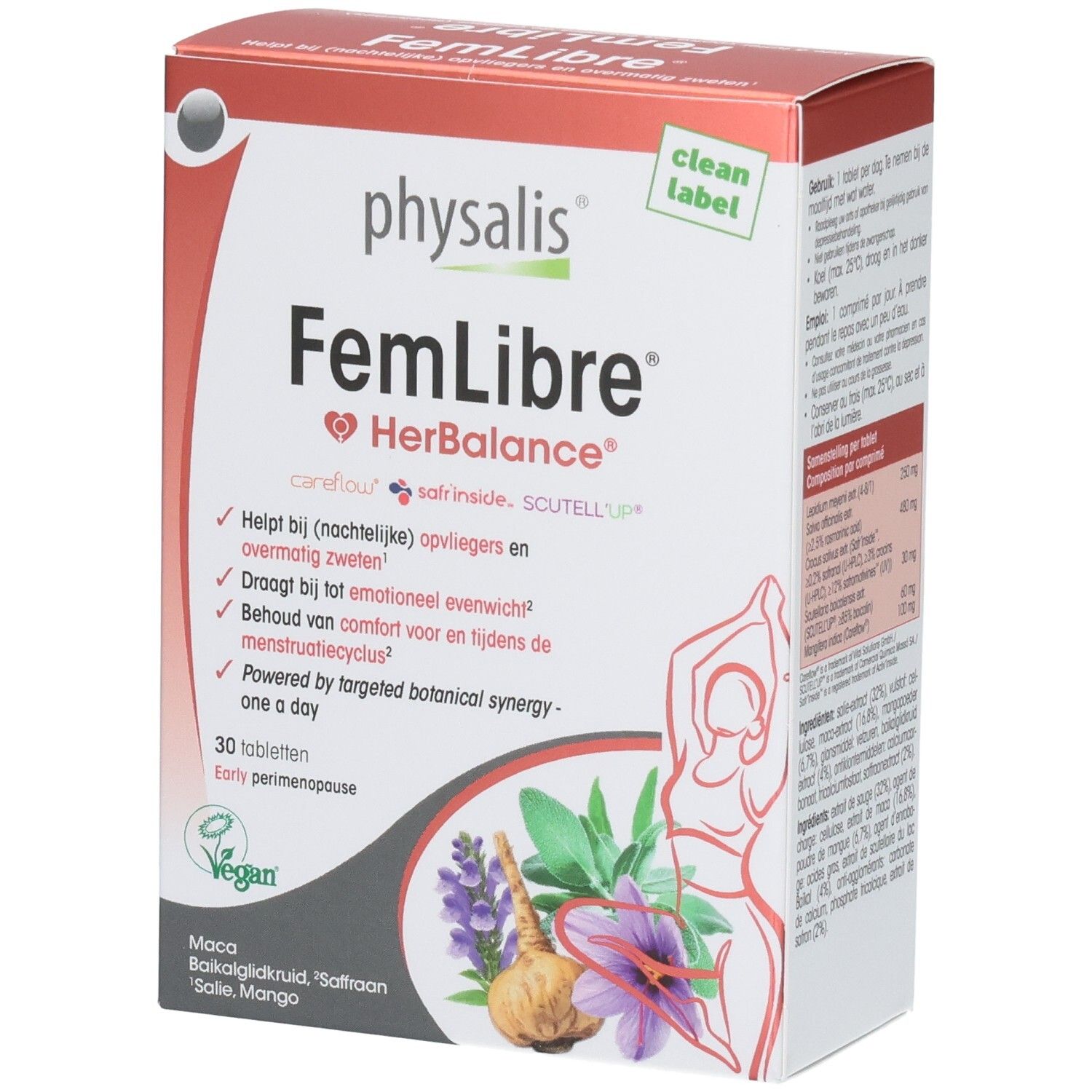 Boîte Physalis FemLibre. Contient 30 comprimés. Label végan. Inscription: HerBalance, clean label.