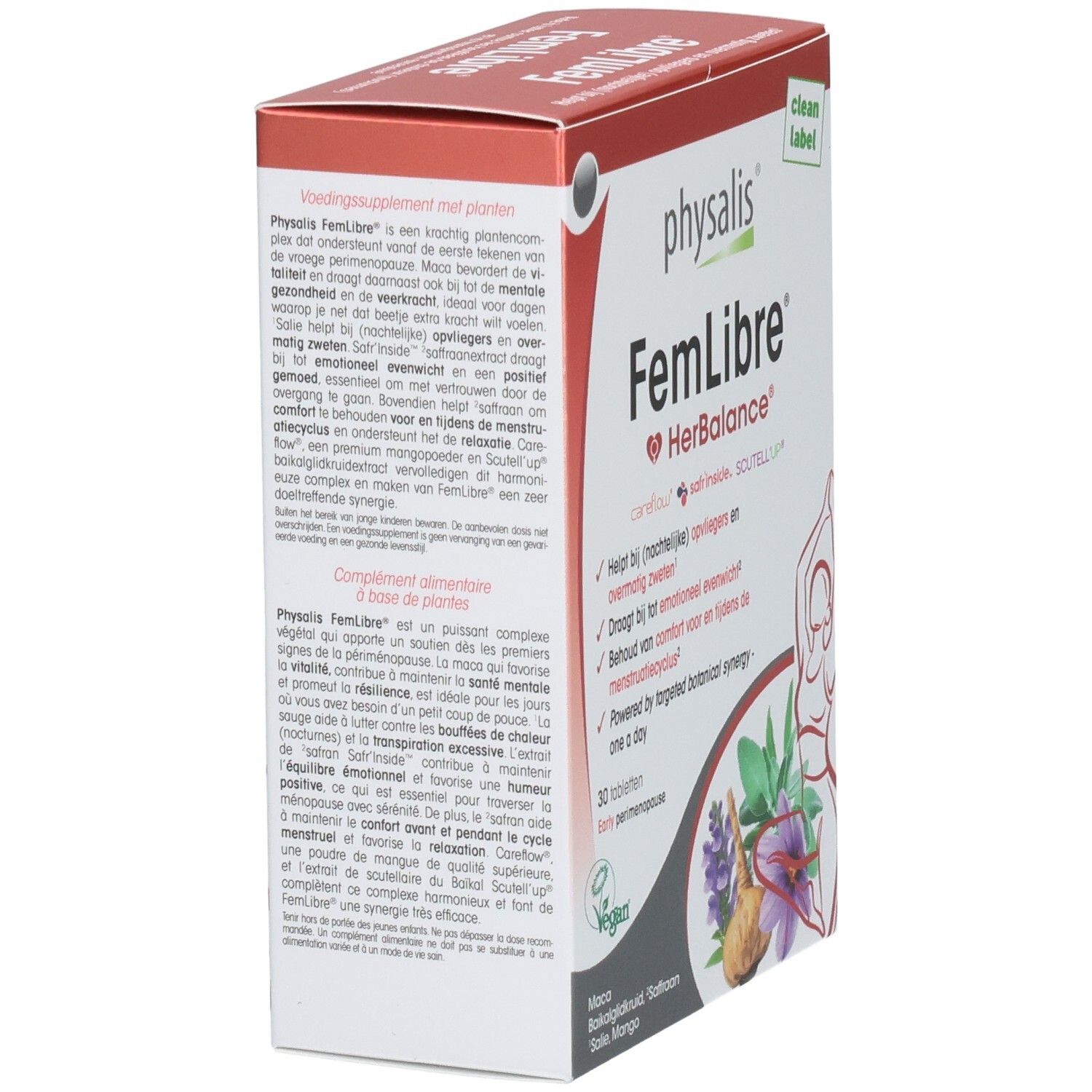 Boîte Physalis FemLibre, vue latérale. Texte: Complément alimentaire à base de plantes. Contient 30 comprimés. Label végan.