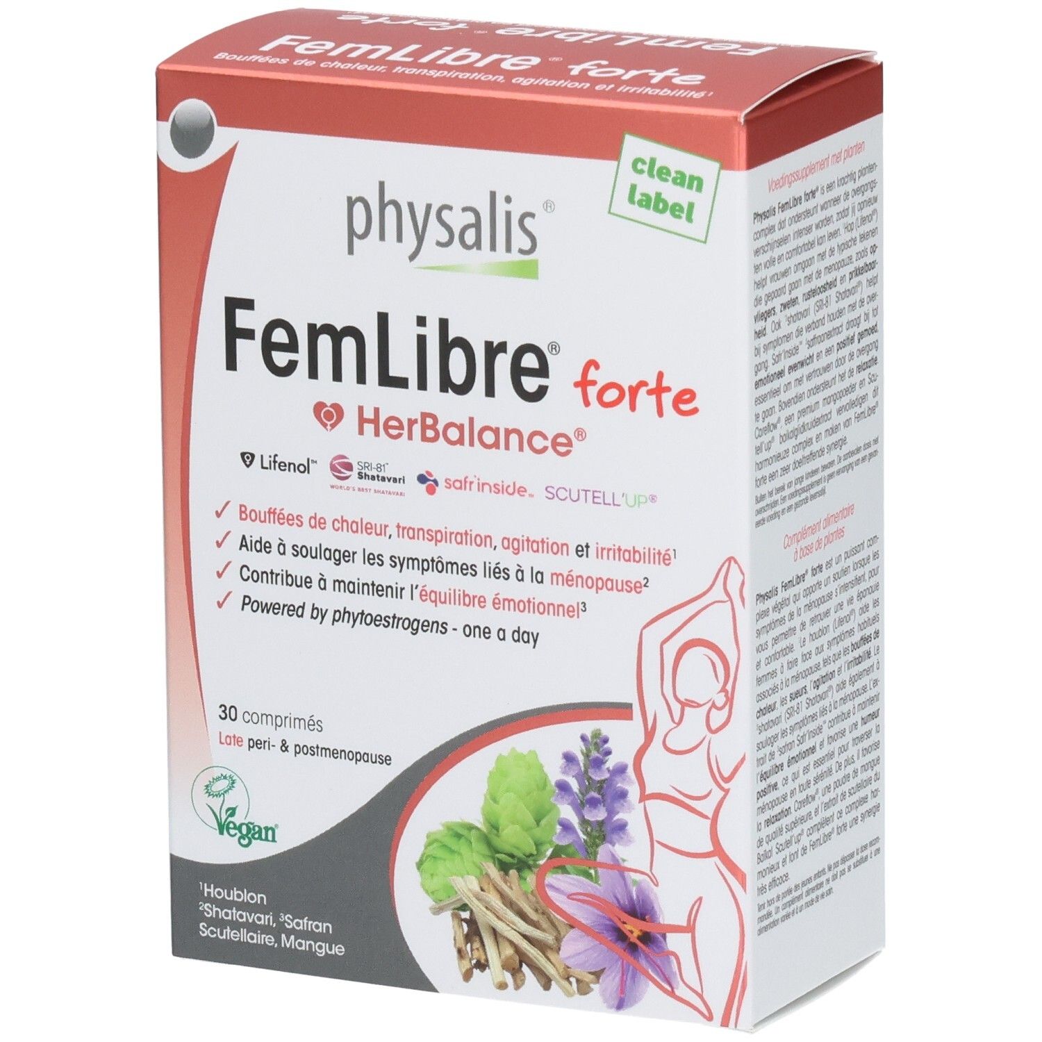 Boîte de Physalis FemLibre forte. Rouge et blanc, nom du produit et informations. Label Vegan.