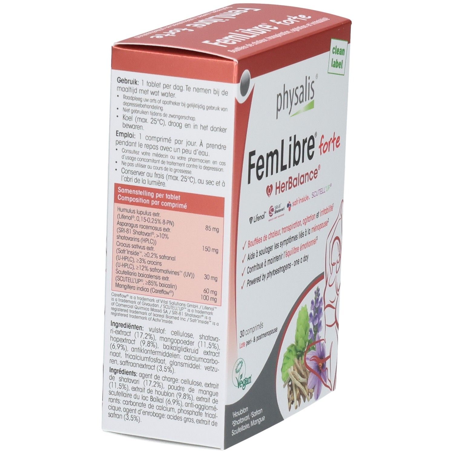 Boîte Physalis FemLibre forte en biais. Rouge et blanc, informations et ingrédients du produit.