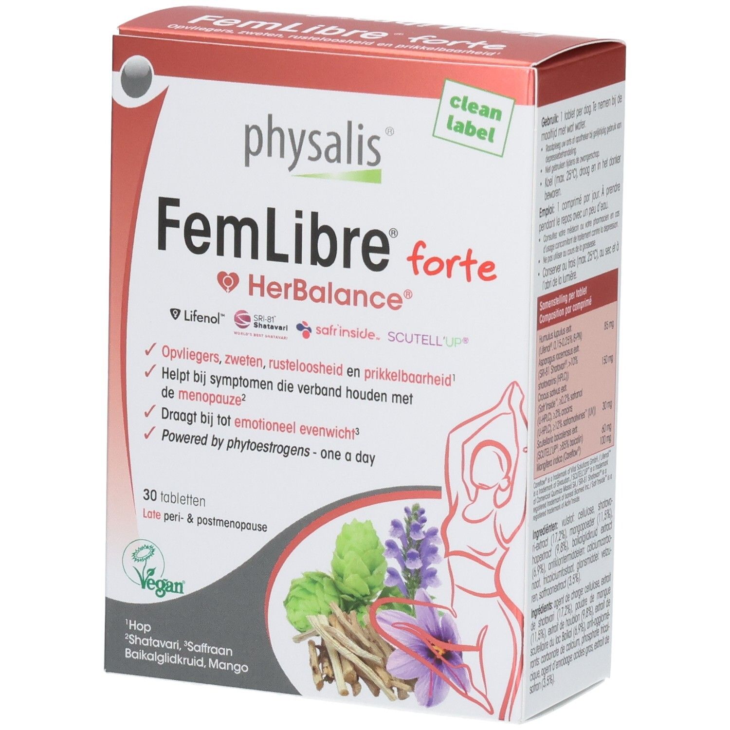 Boîte Physalis FemLibre forte. Rouge et blanc, nom du produit et informations. Label Vegan.