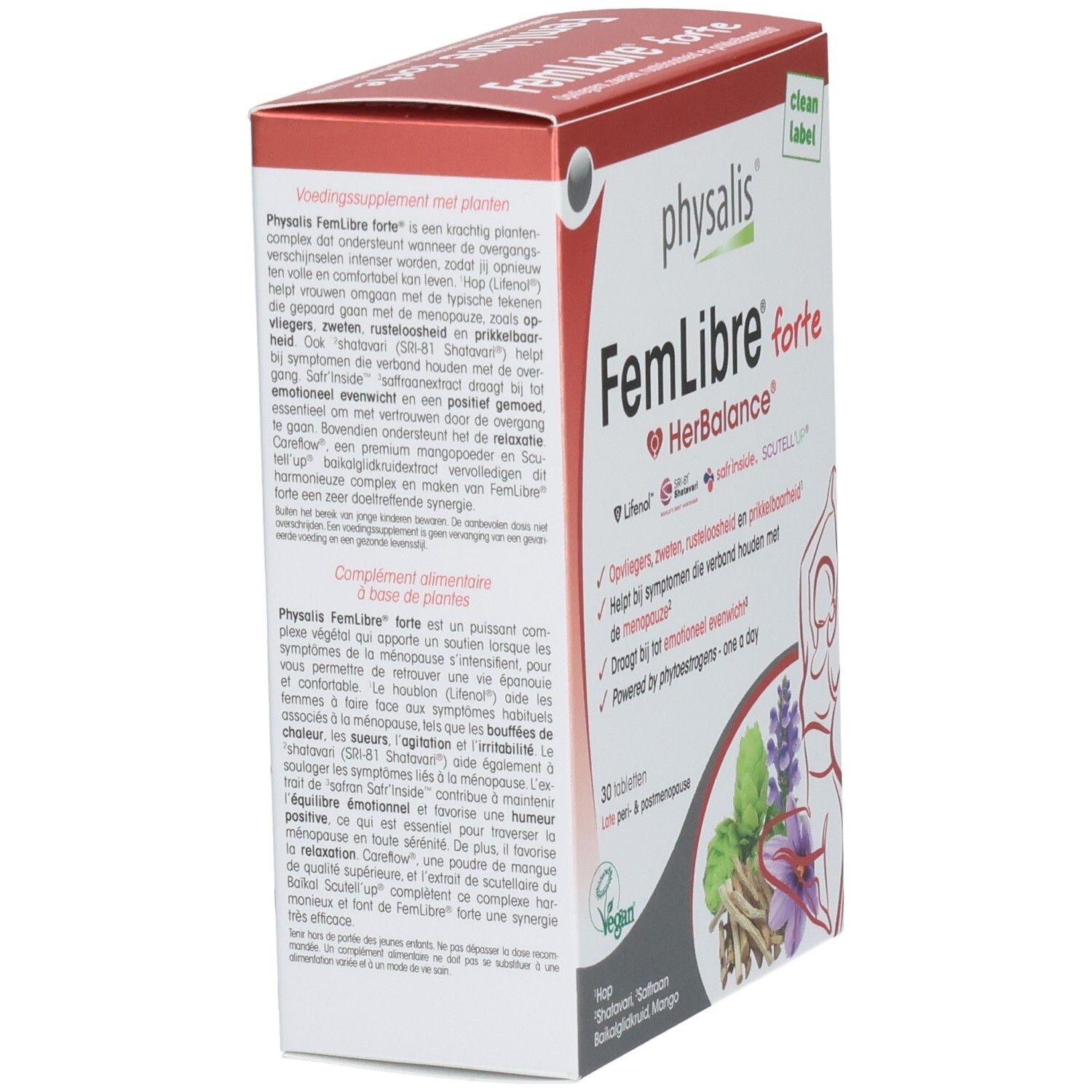 Boîte Physalis FemLibre forte en biais. Rouge et blanc, informations et ingrédients du produit.