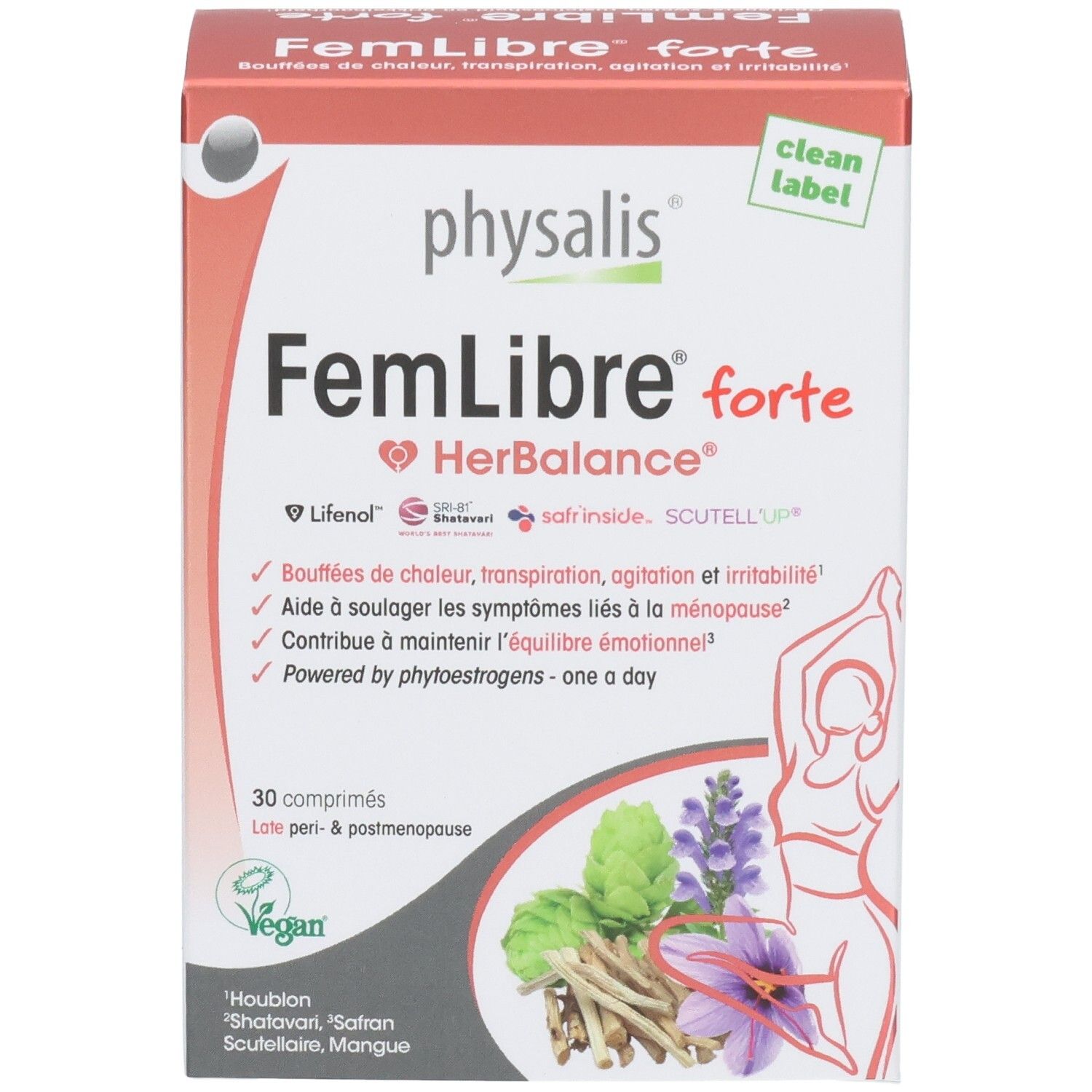 Boîte Physalis FemLibre forte. Rouge et blanc, nom du produit et informations. Label Vegan.
