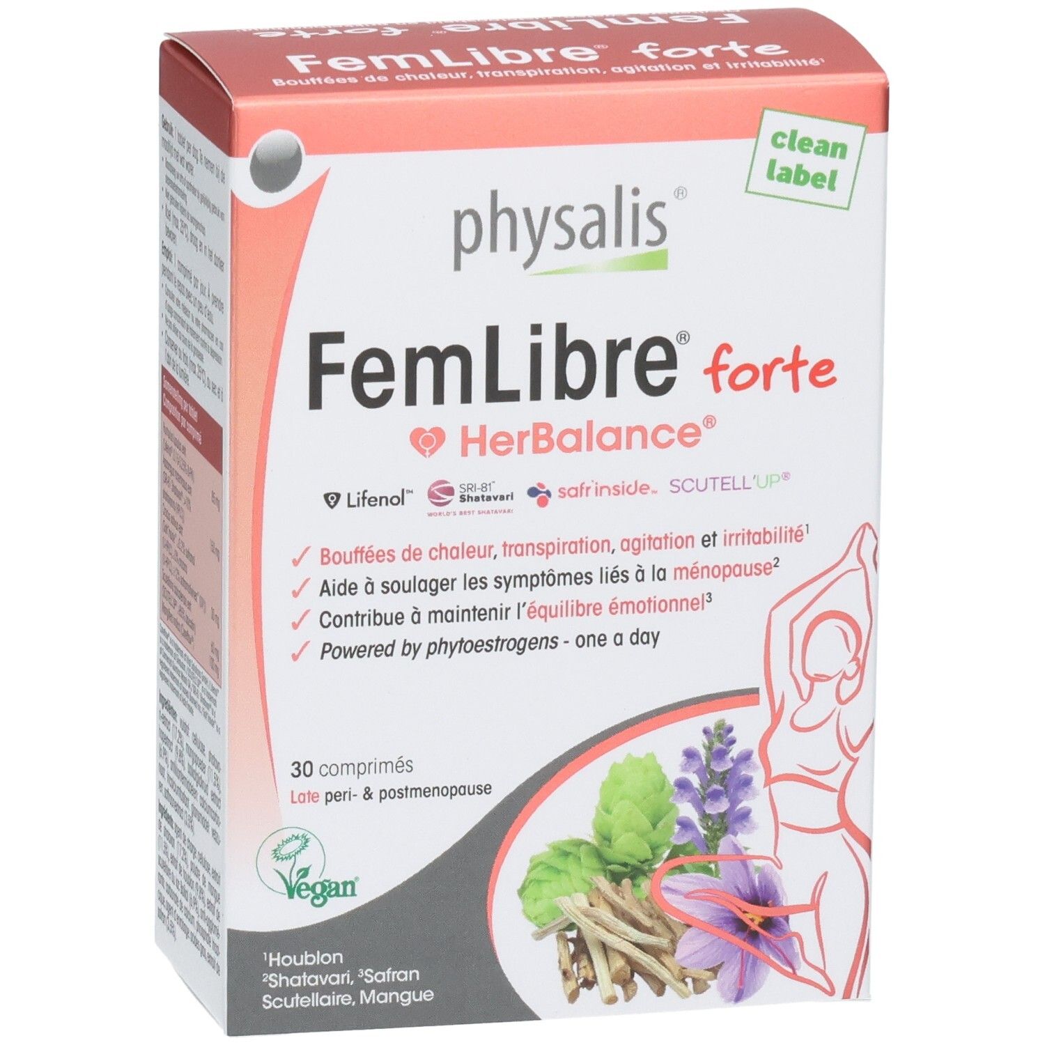 Boîte Physalis FemLibre forte. Rouge et blanc, nom du produit et informations. Label Vegan.
