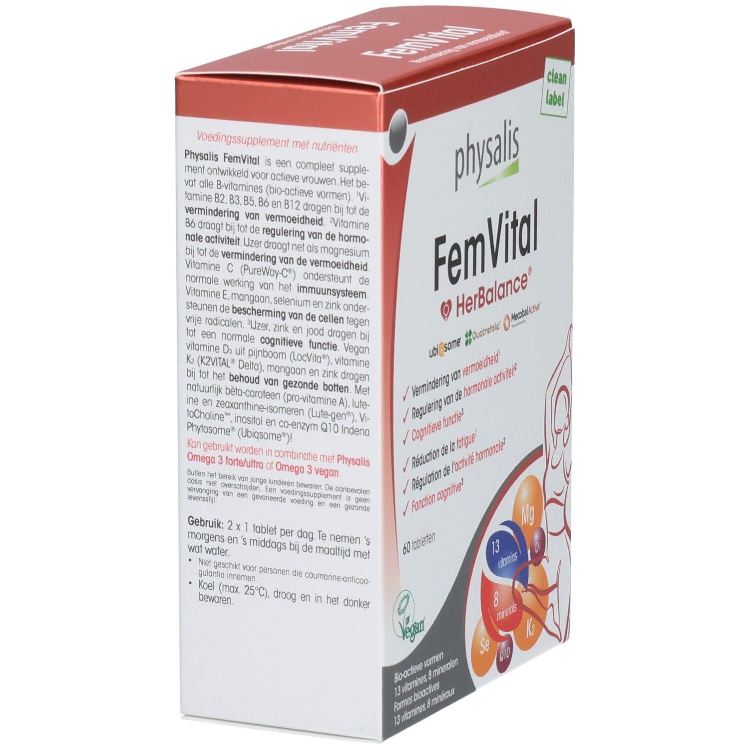 Boîte en carton Physalis FemVital. Inscription: FemVital HerBalance, 60 comprimés. Label vegan. Texte sur les ingrédients et l'utilisation.