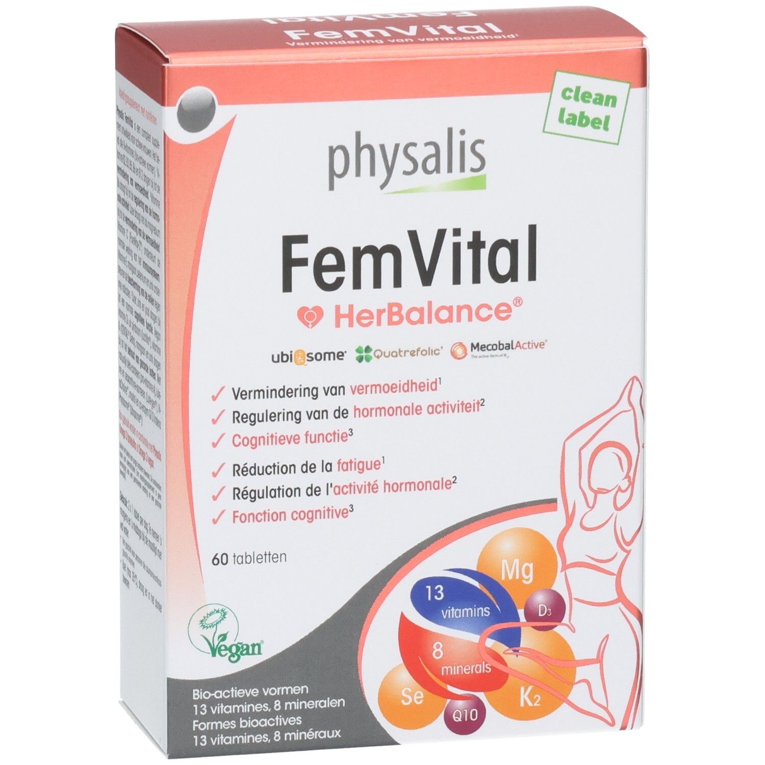 Boîte en carton Physalis FemVital. Inscription: FemVital HerBalance, 60 comprimés. Label vegan. Diagramme avec vitamines et minéraux.