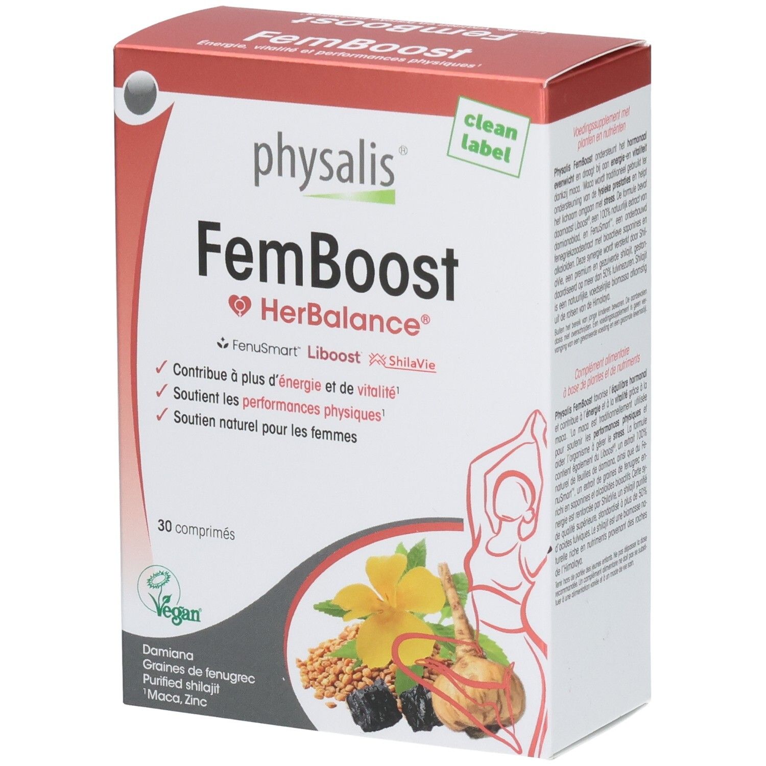 Boîte Physalis FemBoost. Inscription: FemBoost HerBalance, 30 comprimés. Contient Damiana, graines de fenugrec, Shilajit purifié, Maca, Zinc.