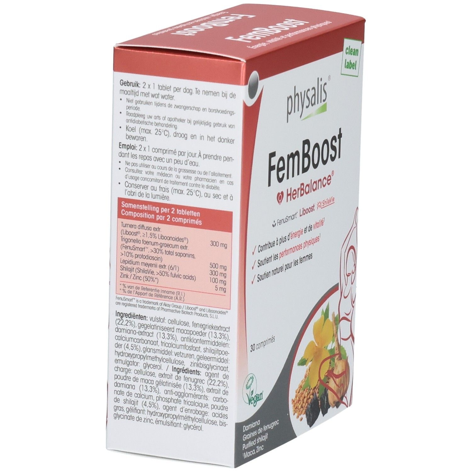 Boîte Physalis FemBoost. Inscription: FemBoost HerBalance, 30 comprimés. Contient Damiana, graines de fenugrec, Shilajit purifié, Maca, Zinc. Texte au dos.