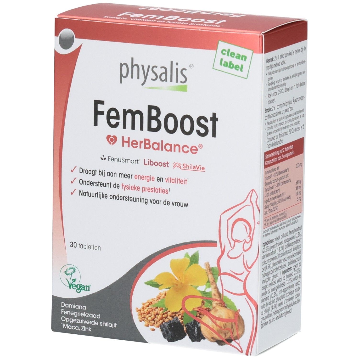 Boîte Physalis FemBoost. Inscription: FemBoost HerBalance, 30 comprimés. Contient Damiana, graines de fenugrec, Shilajit purifié, Maca, Zinc. Texte au dos.