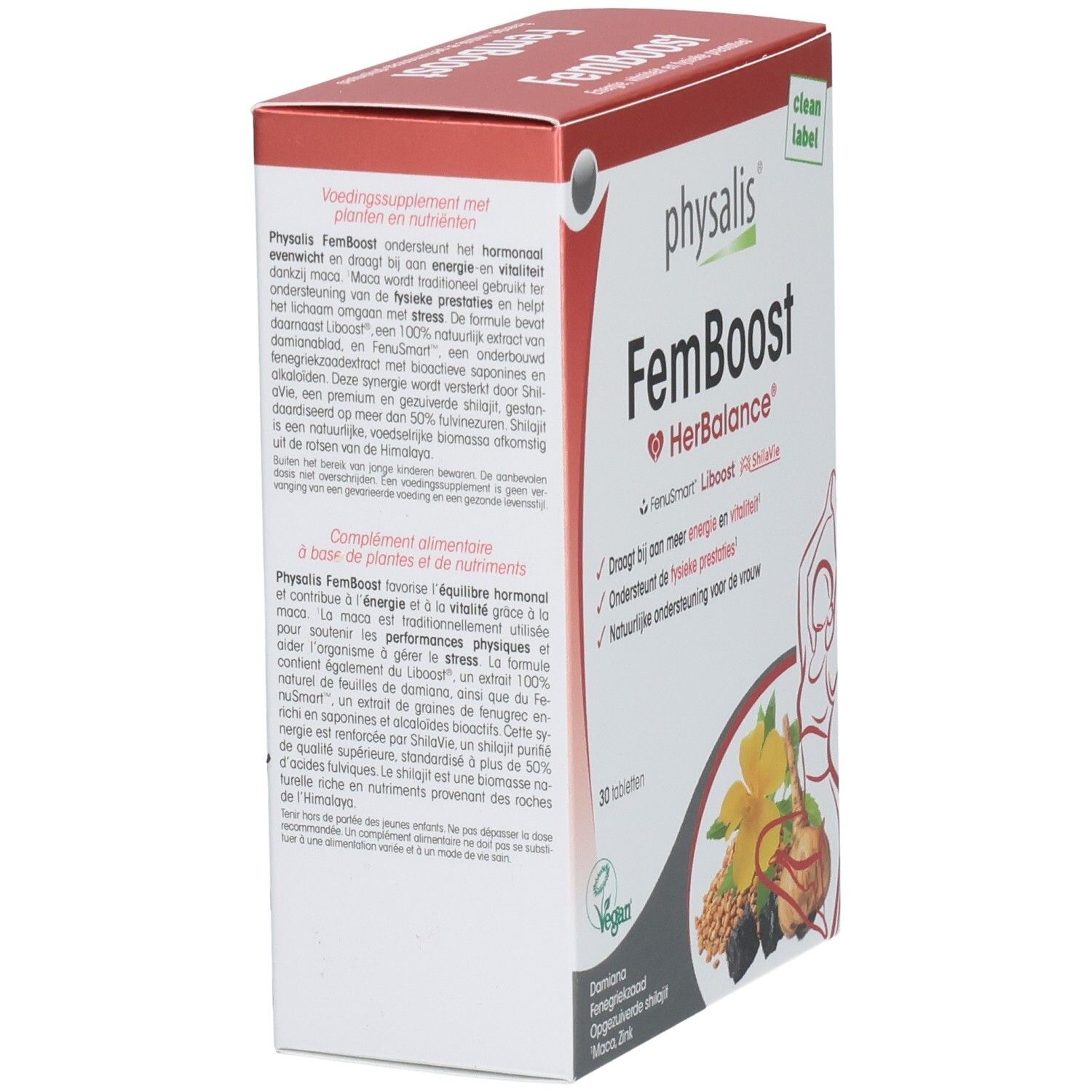 Boîte Physalis FemBoost. Inscription: FemBoost HerBalance, 30 comprimés. Contient Damiana, graines de fenugrec, Shilajit purifié, Maca, Zinc. Texte au dos.