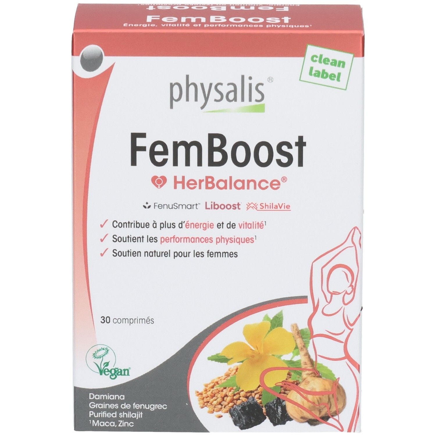 Boîte Physalis FemBoost. Inscription: FemBoost HerBalance, 30 comprimés. Contient Damiana, graines de fenugrec, Shilajit purifié, Maca, Zinc.