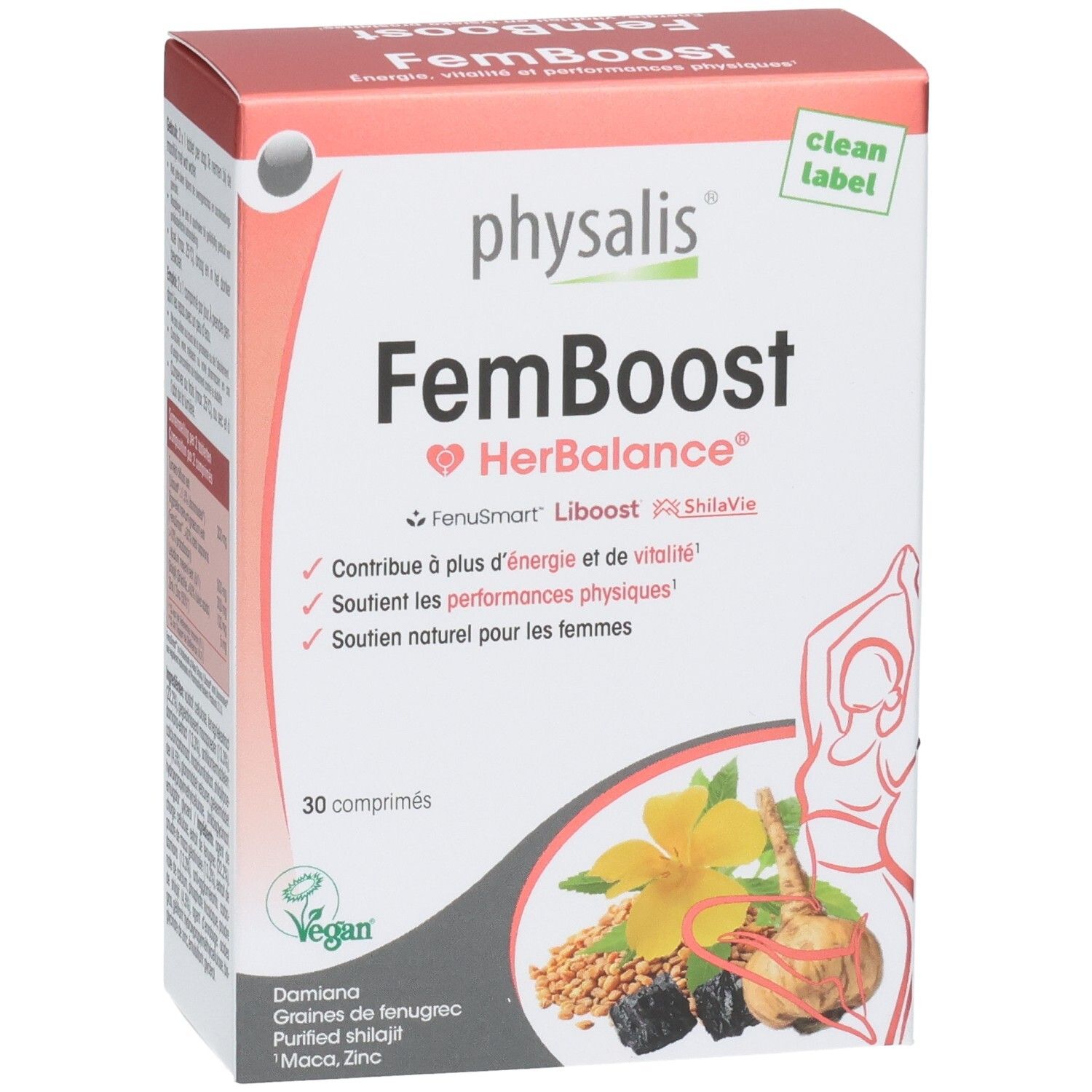 Boîte Physalis FemBoost. Inscription: FemBoost HerBalance, 30 comprimés. Contient Damiana, graines de fenugrec, Shilajit purifié, Maca, Zinc.