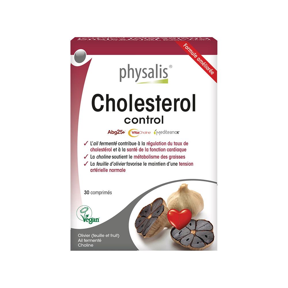 Boîte Physalis Cholesterol Control Tabl 30. Contient 30 comprimés. Ail et cœur représentés.