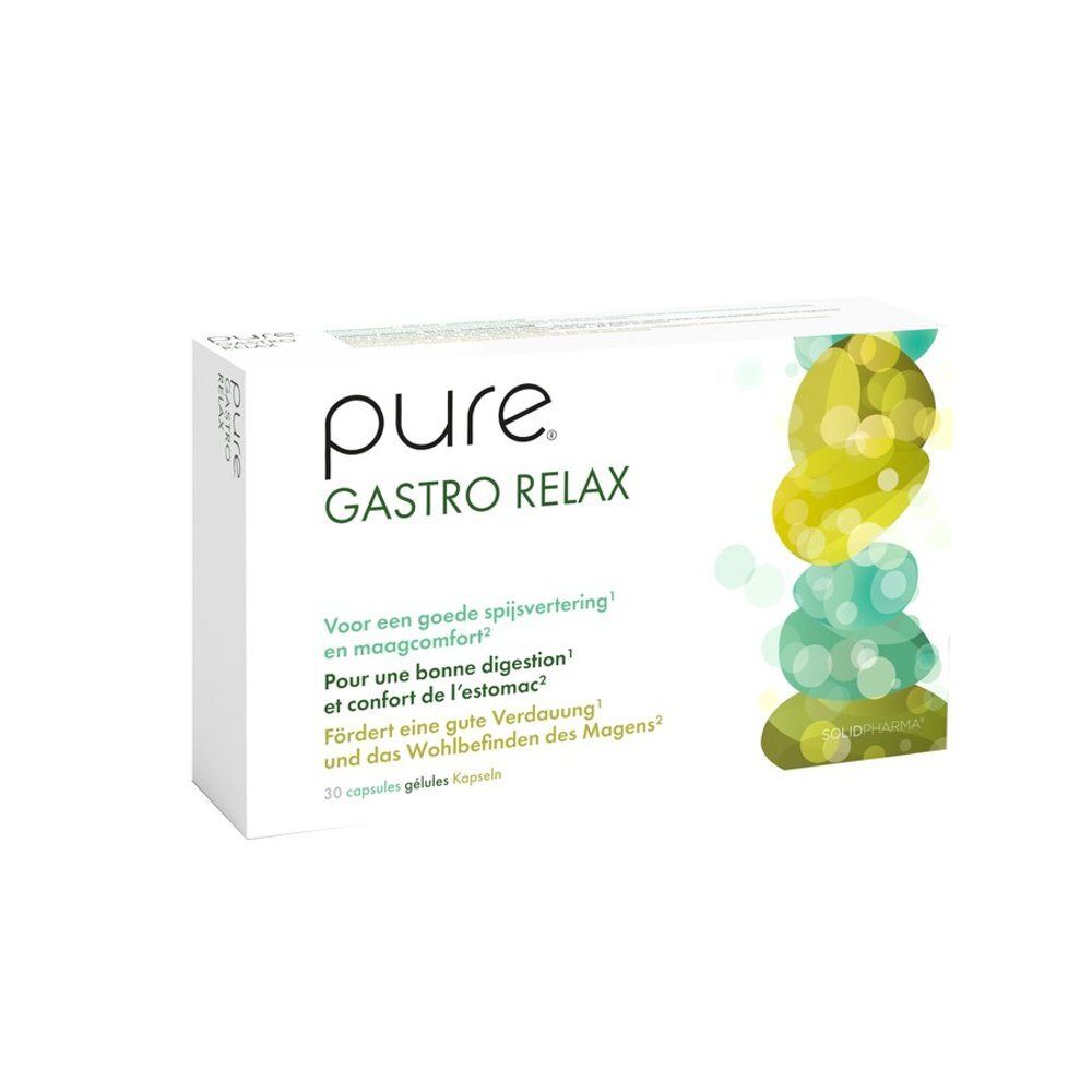 Boîte Pure Gastro Relax de 10 gélules. Texte en allemand, néerlandais, français et italien.