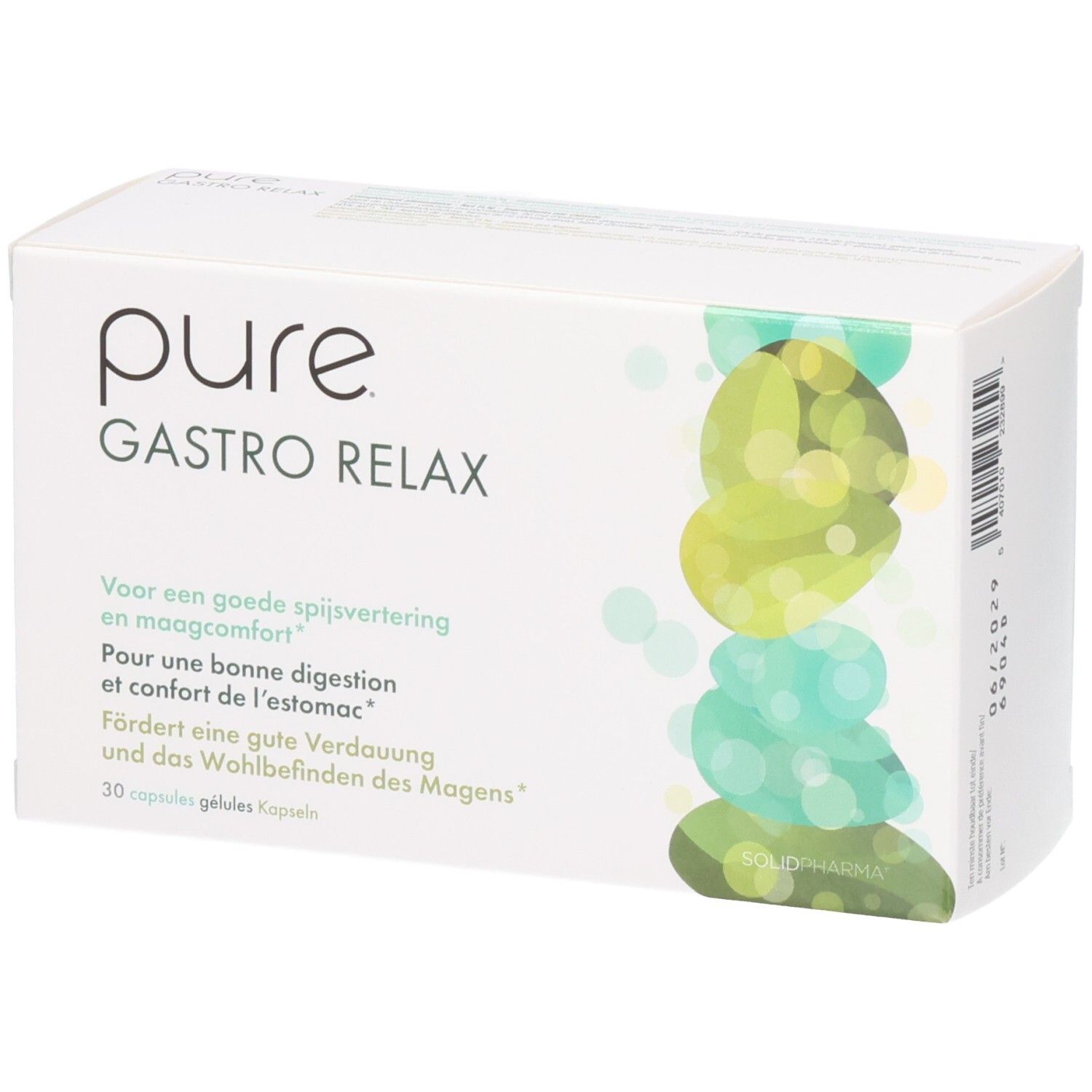 Boîte blanche "pure GASTRO RELAX". Inscriptions en allemand, français et néerlandais. Contient 30 gélules.