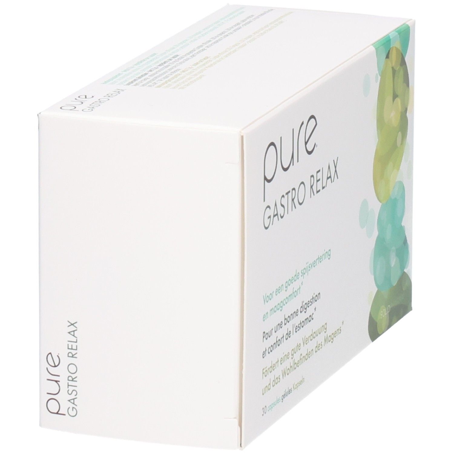 Boîte blanche "pure GASTRO RELAX". Vue latérale avec texte et logo.