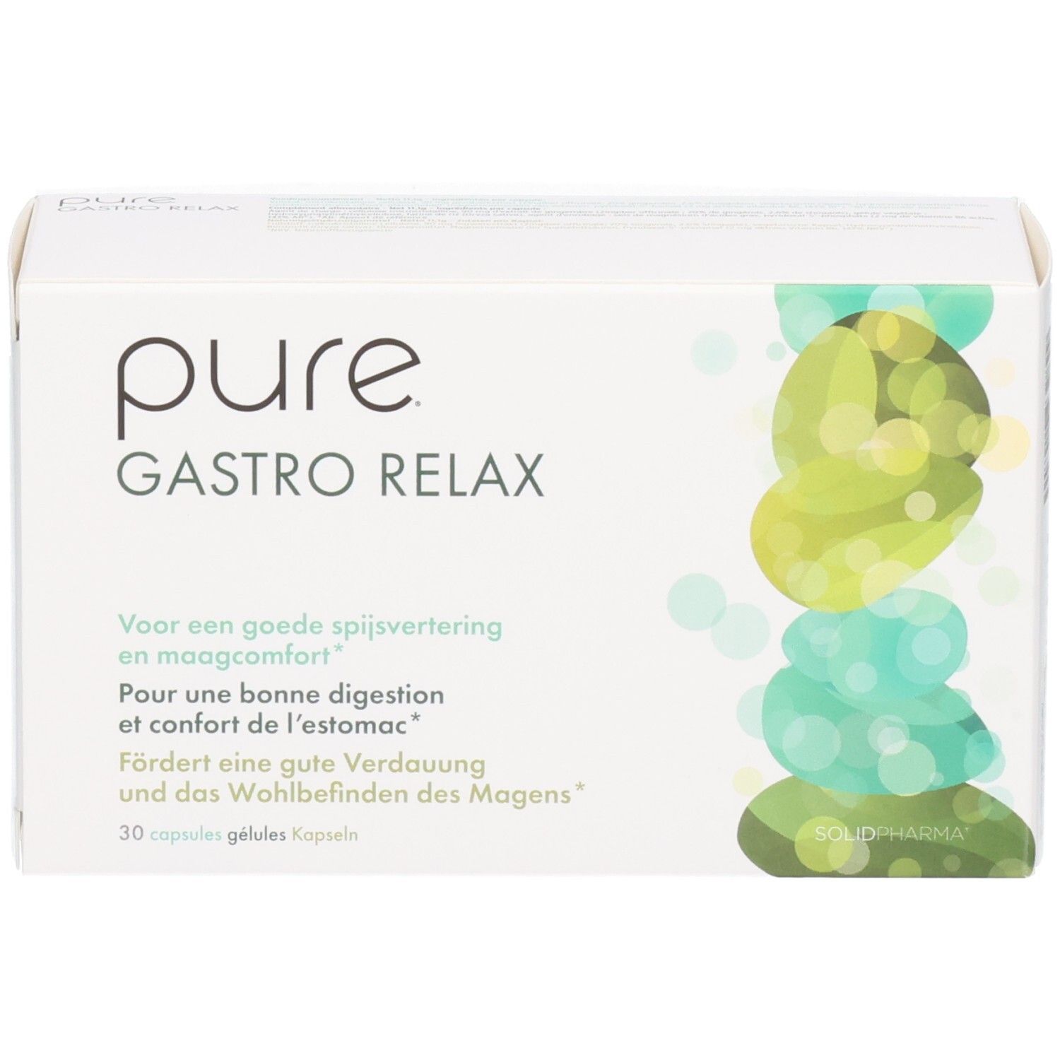 Boîte blanche "pure GASTRO RELAX". Inscriptions en allemand, français et néerlandais. Contient 30 gélules.