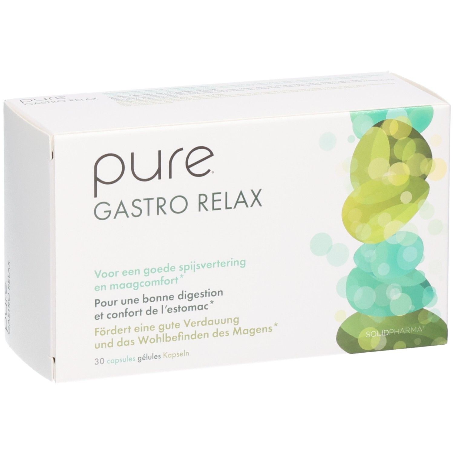 Boîte blanche "pure GASTRO RELAX". Inscriptions en allemand, français et néerlandais. Contient 30 gélules.
