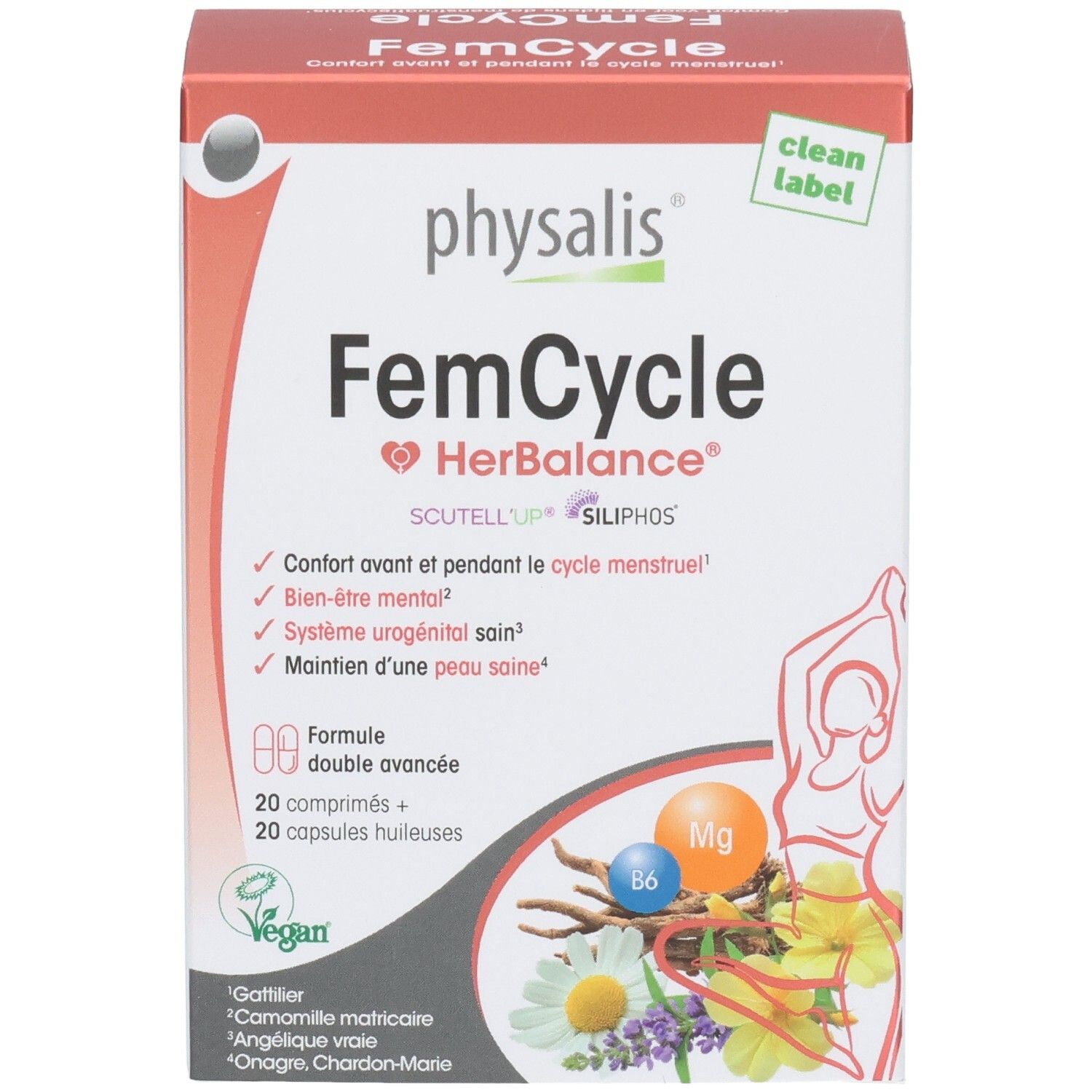 Boîte FemCycle HerBalance, 20 comprimés + 20 capsules huileuses. Ingrédients : Gattilier, Camomille, Onagre, Chardon-Marie. Vegan.
