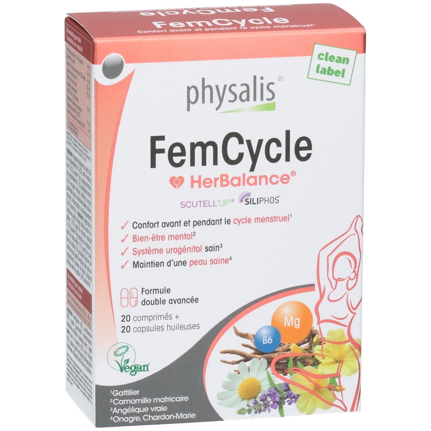 Boîte FemCycle HerBalance, 20 comprimés + 20 capsules huileuses. Ingrédients : Gattilier, Camomille, Onagre, Chardon-Marie. Vegan.