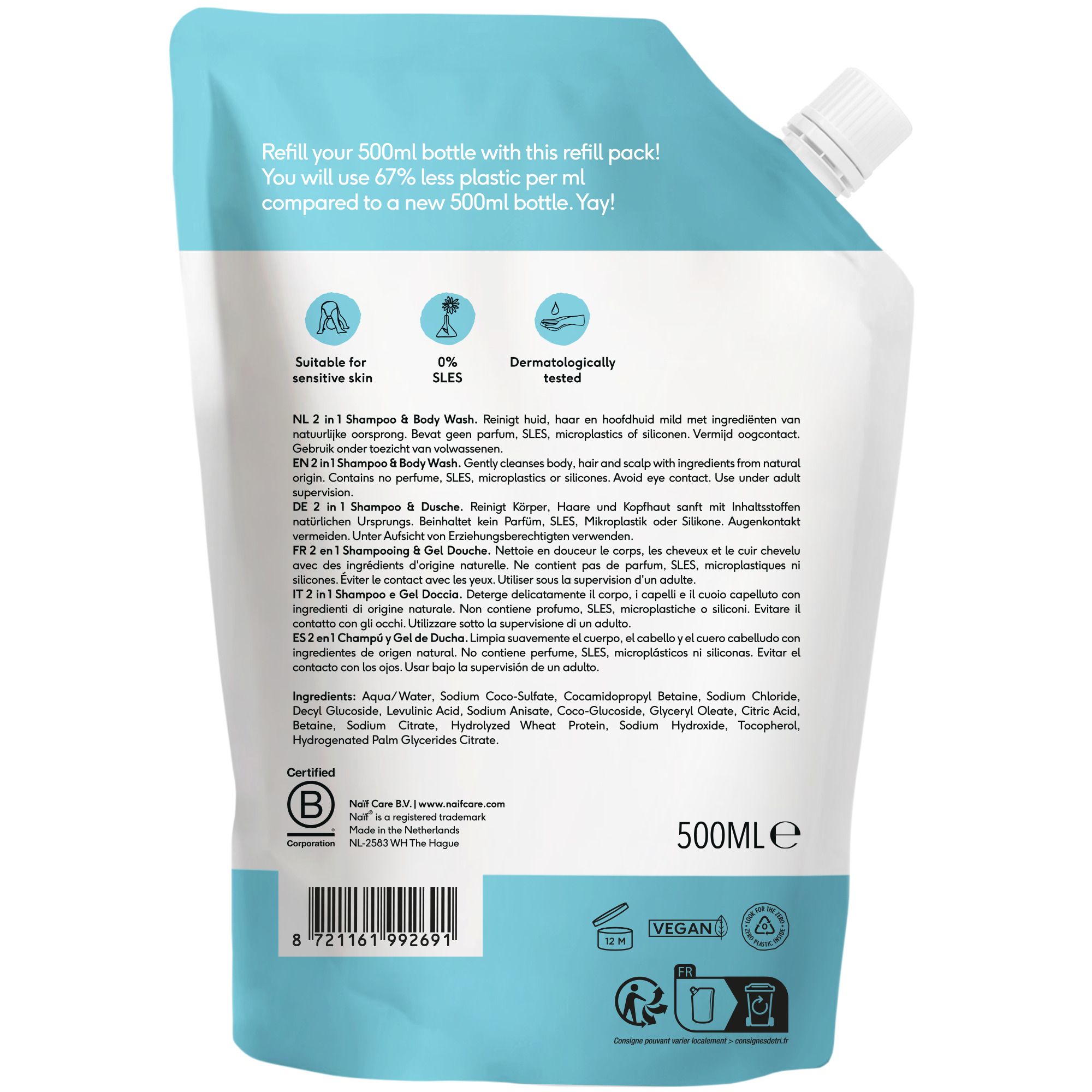 Dos de la recharge. Contient des informations sur les ingrédients et les certifications. 500 ml. Logo végan.