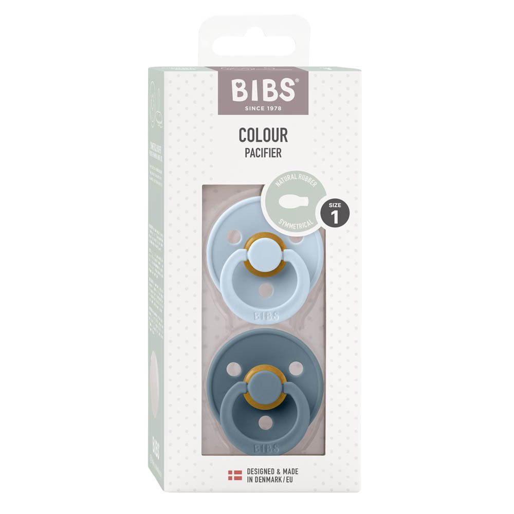 Emballage avec deux sucettes bleues et pétrole. Marque BIBS. Taille 1. Fenêtre.