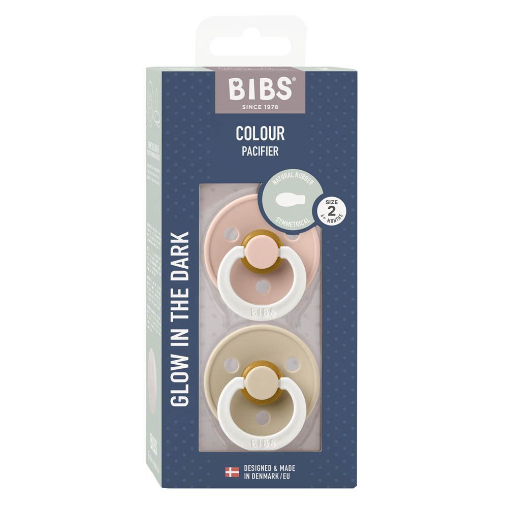 Pack de deux sucettes BIBS Colour. Rose et beige. Fenêtre transparente. "Glow in the Dark".