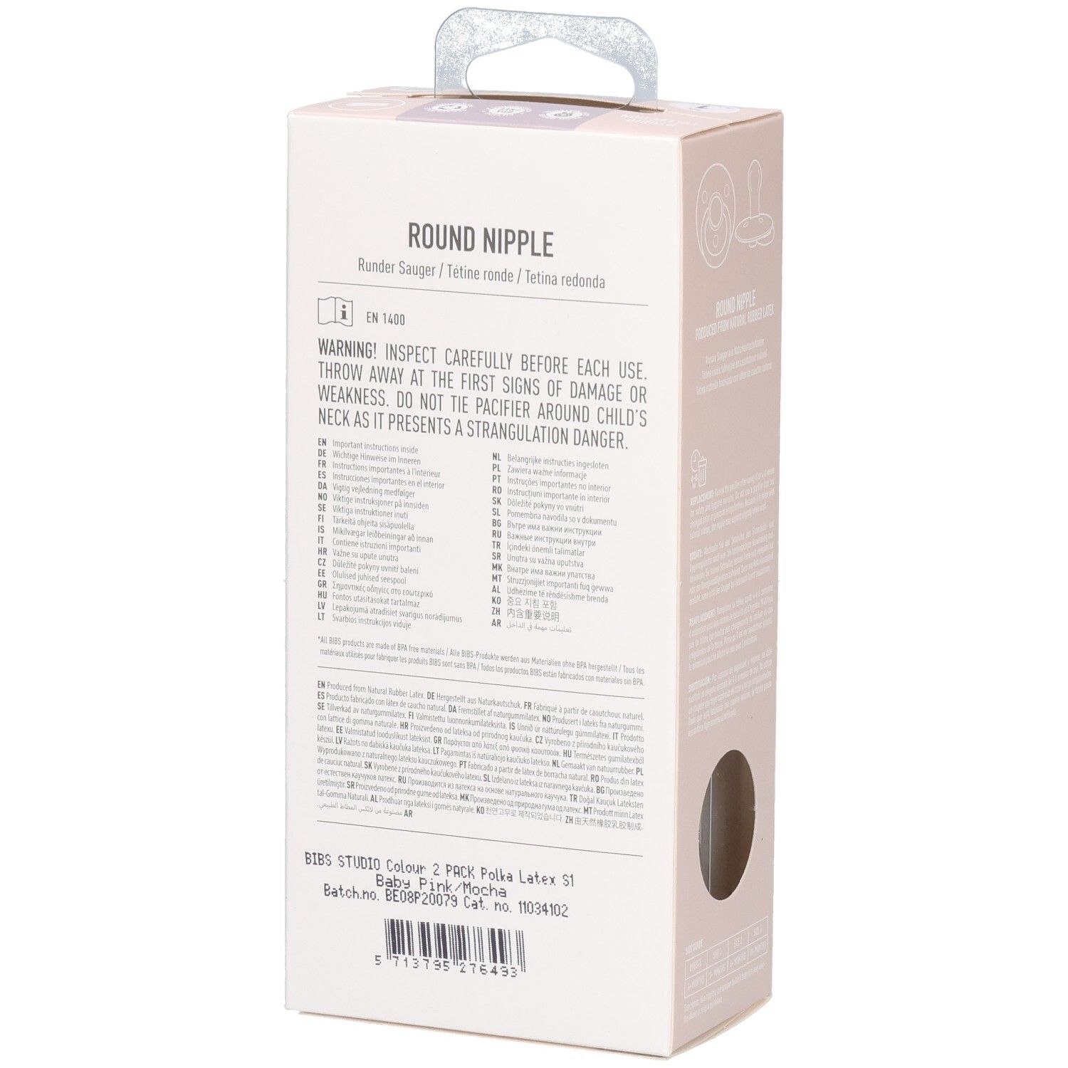 Dos de l'emballage. Texte multilingue. Marque : BIBS. Avertissements. Fabriqué au Danemark.
