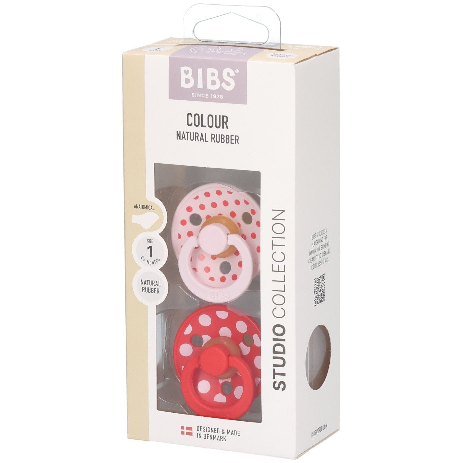 Emballage de deux sucettes BIBS, taille 1, anatomiques, caoutchouc naturel, motif pois.